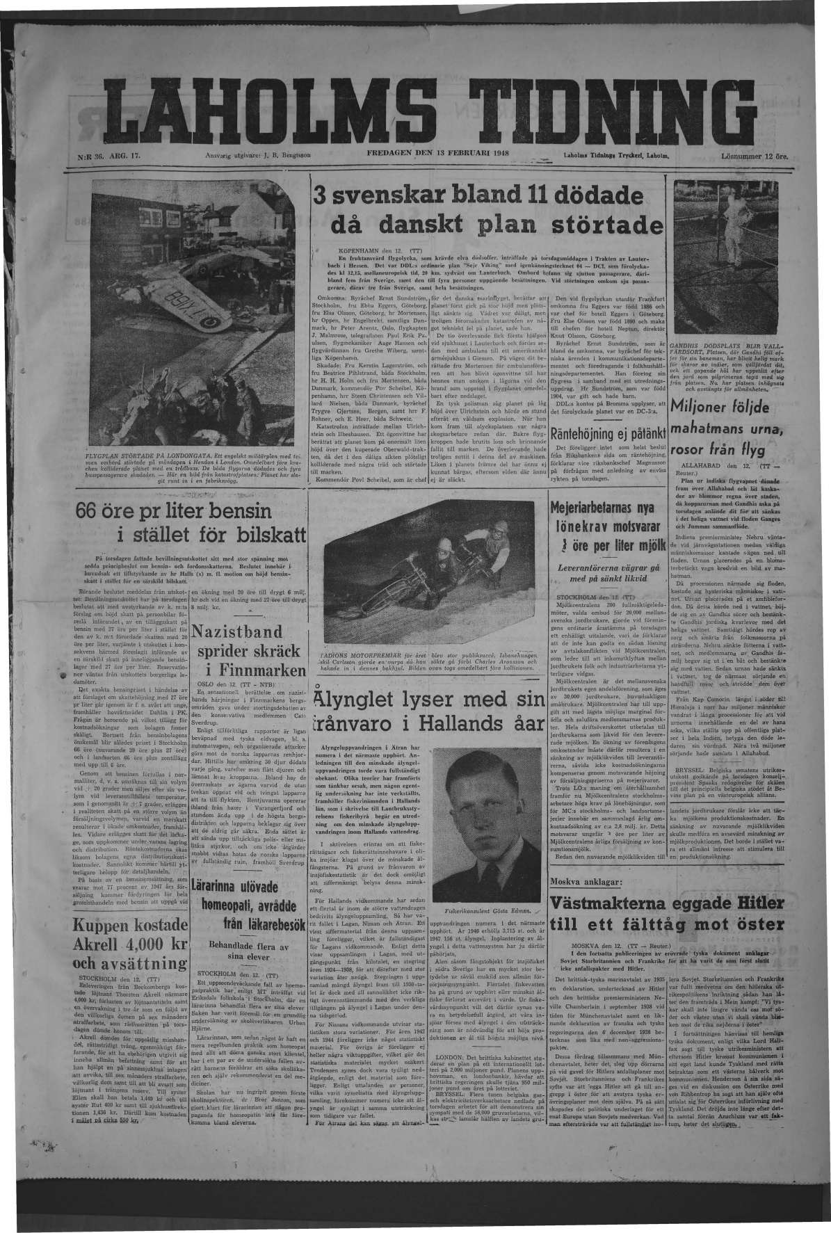 Laholms Tidning Fredag 13 februari 1948, sida 1