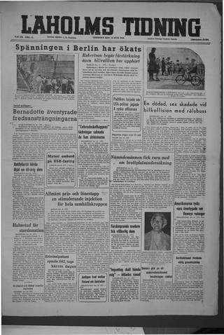 Förstasidan, Tisdag 13 juli 1948