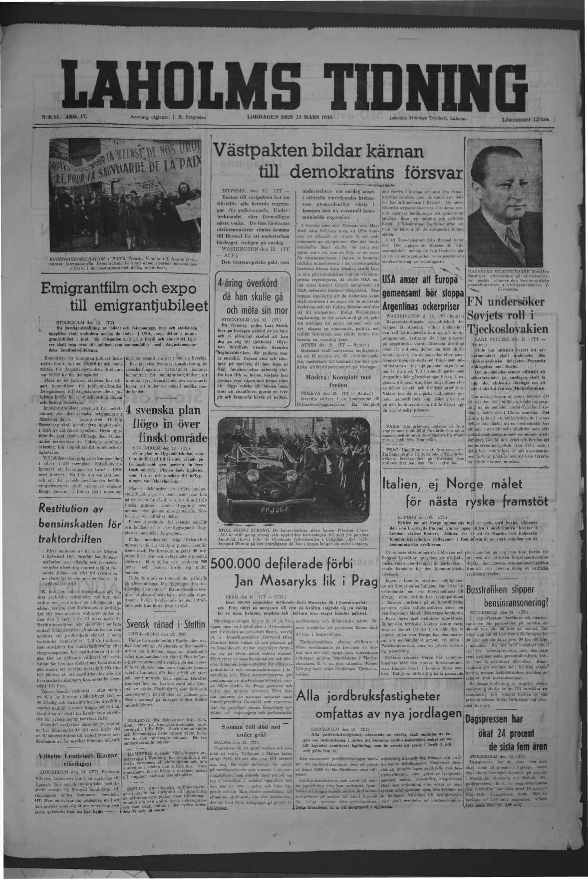 Laholms Tidning Lördag 13 mars 1948, sida 1