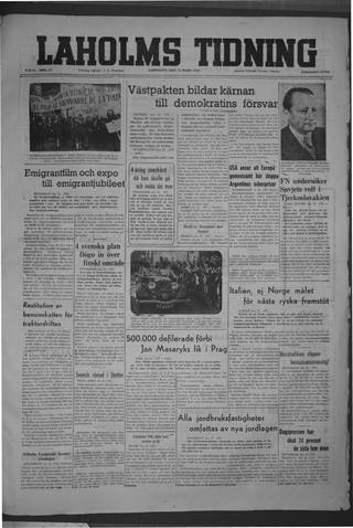 Förstasidan, Lördag 13 mars 1948