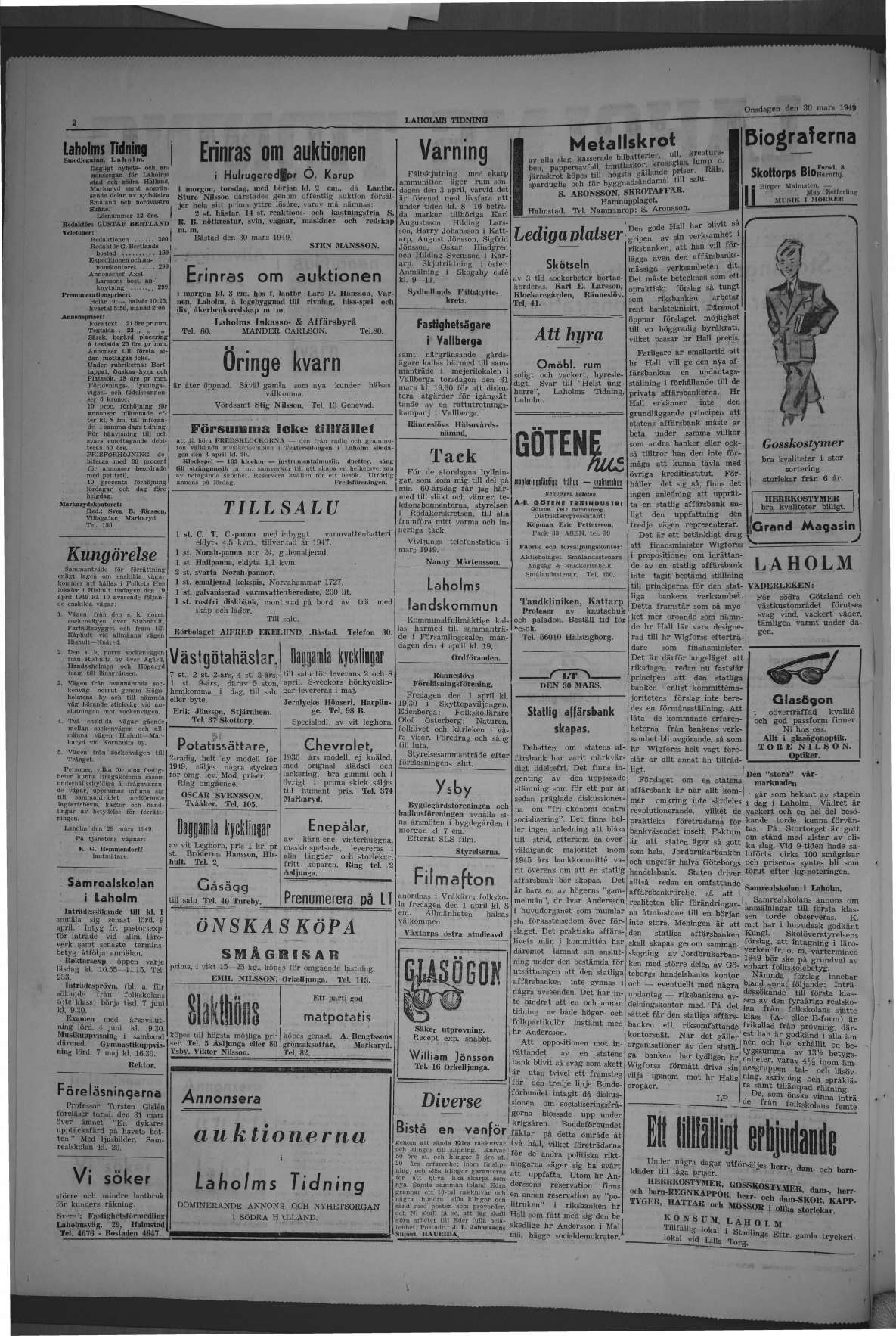 Laholms Tidning Onsdag 30 mars 1949, sida 2