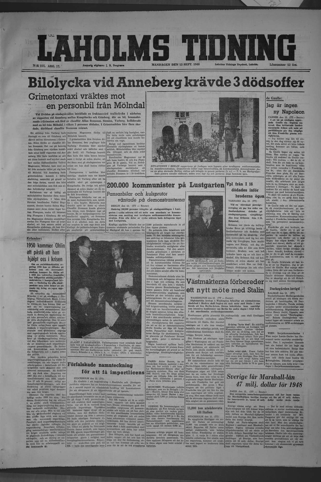 Laholms Tidning Måndag 13 september 1948, sida 1