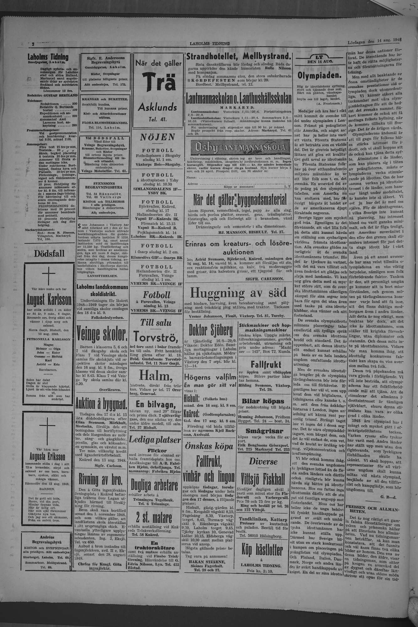 Laholms Tidning Lördag 14 augusti 1948, sida 2