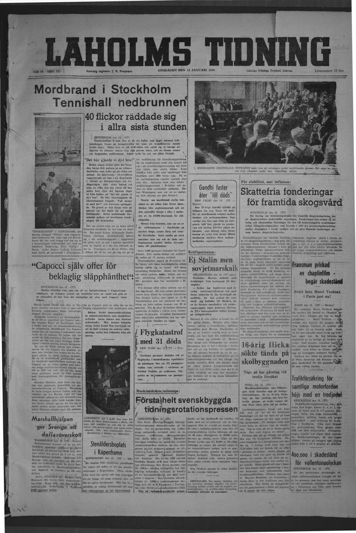 Laholms Tidning Onsdag 14 januari 1948, sida 1