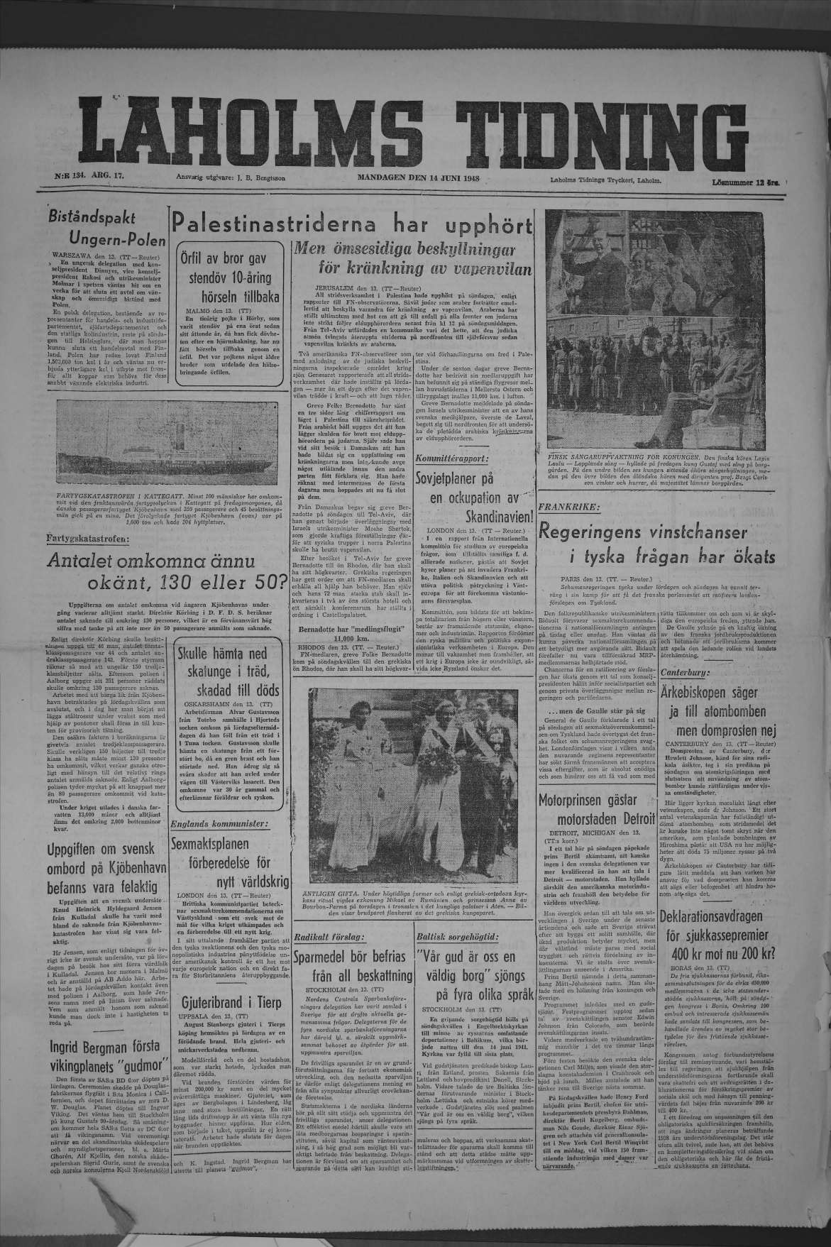 Laholms Tidning Måndag 14 juni 1948, sida 1