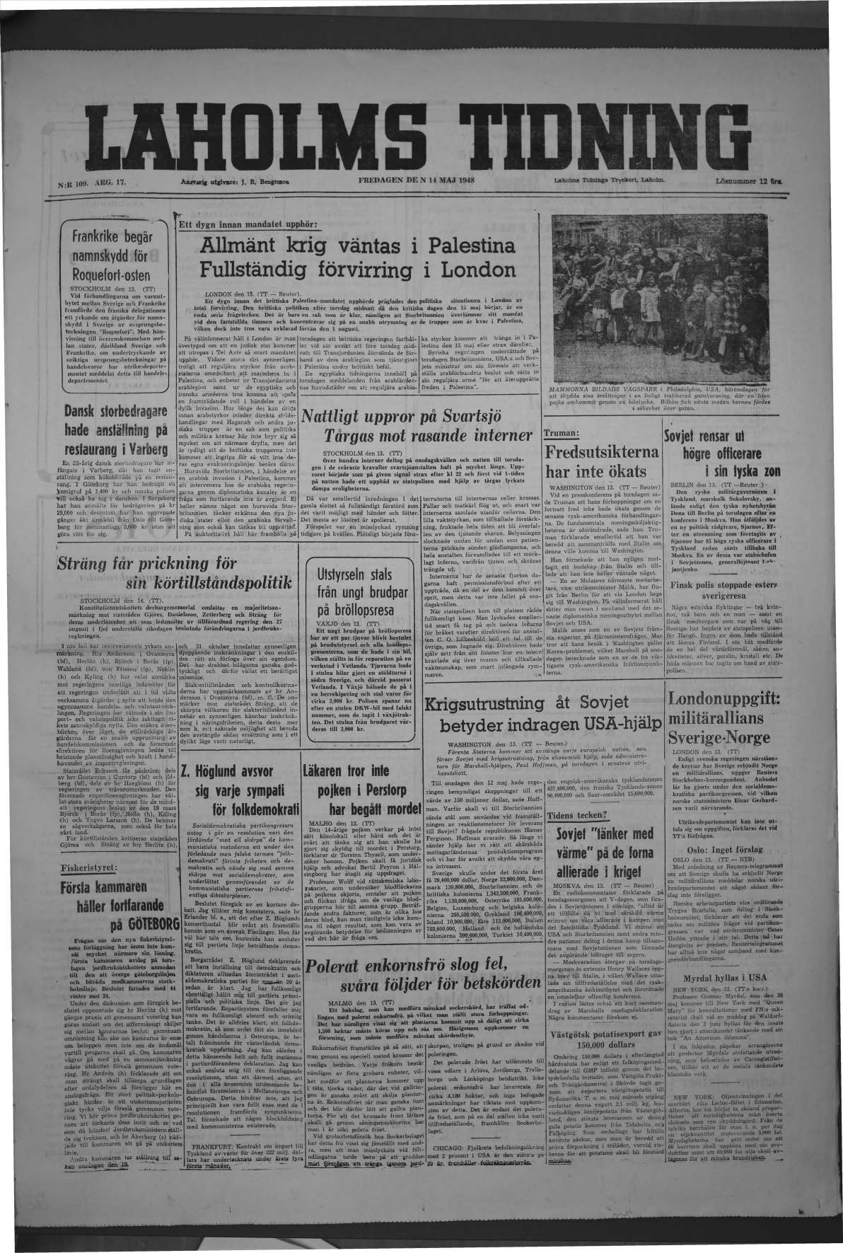 Laholms Tidning Fredag 14 maj 1948, sida 1