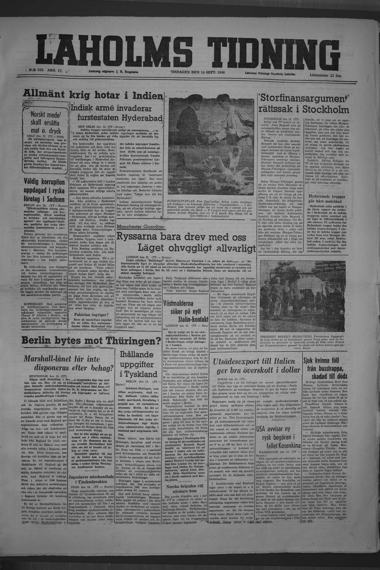 Laholms Tidning Tisdag 14 september 1948, sida 1