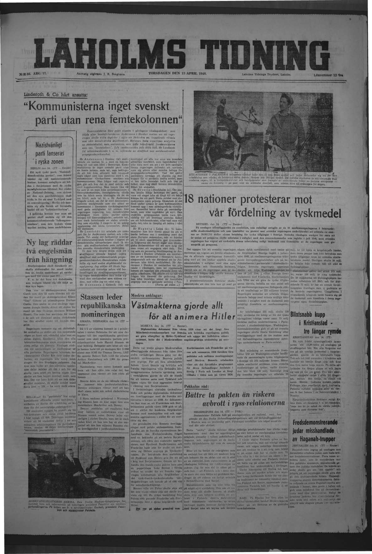 Laholms Tidning Torsdag 15 april 1948, sida 1