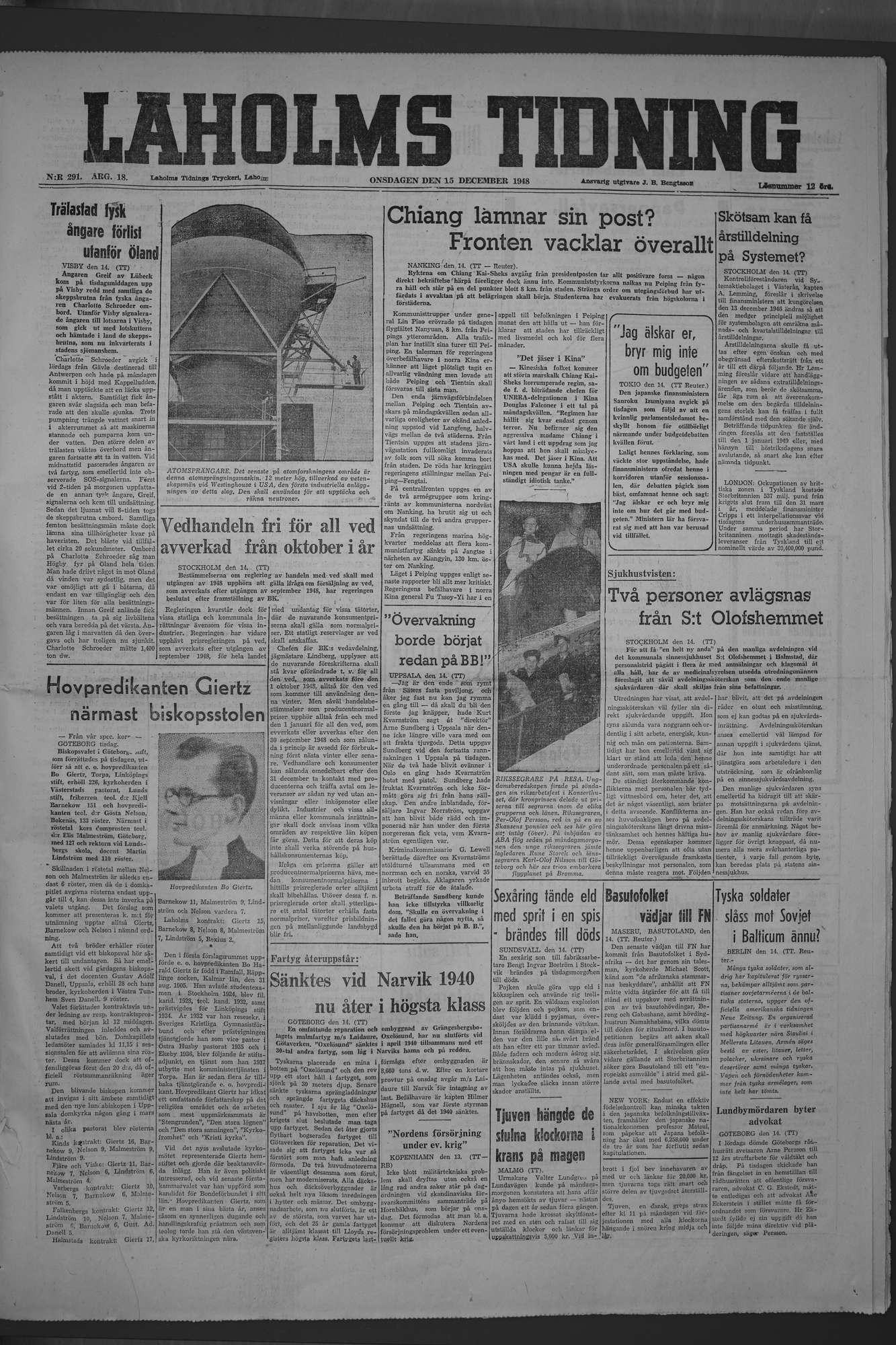 Laholms Tidning Onsdag 15 december 1948, sida 1