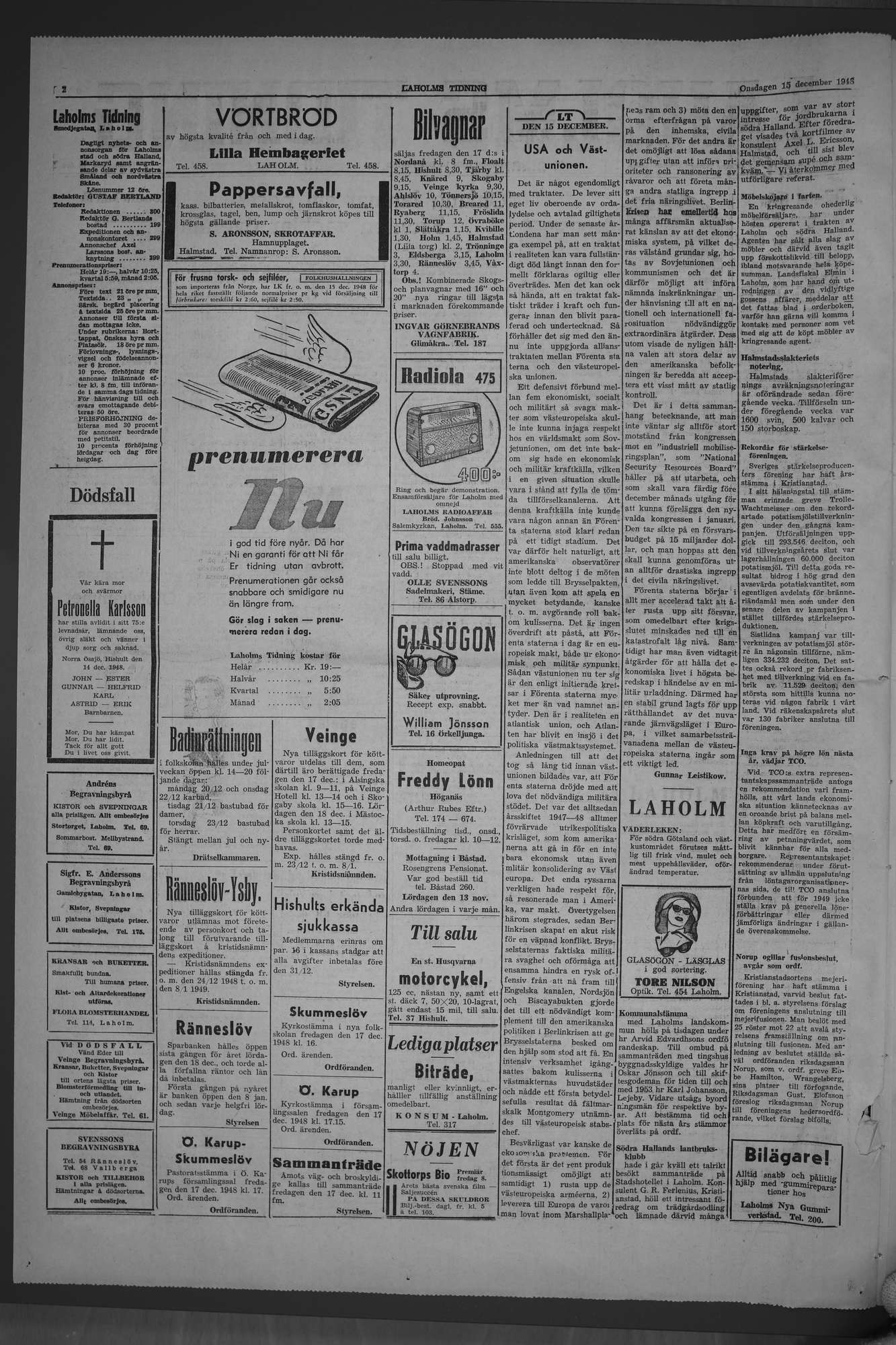 Laholms Tidning Onsdag 15 december 1948, sida 2