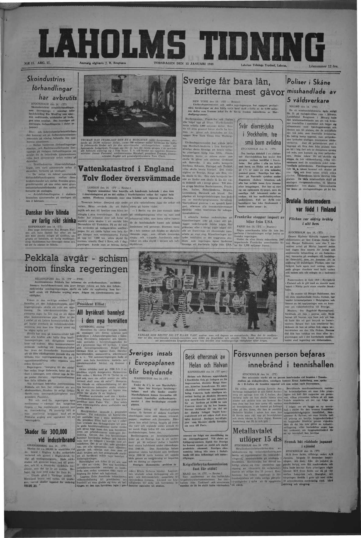 Laholms Tidning Torsdag 15 januari 1948, sida 1