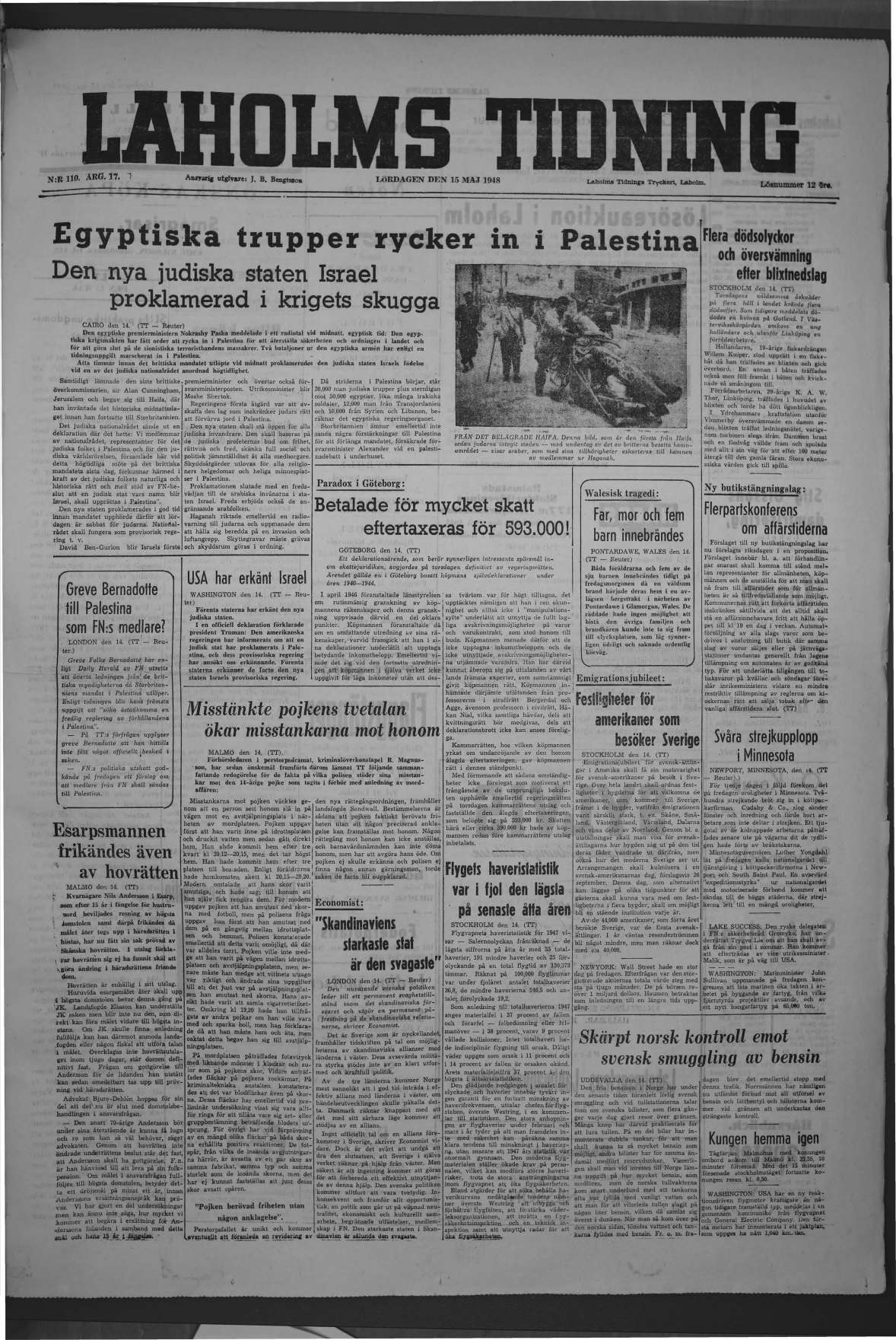 Laholms Tidning Lördag 15 maj 1948, sida 1