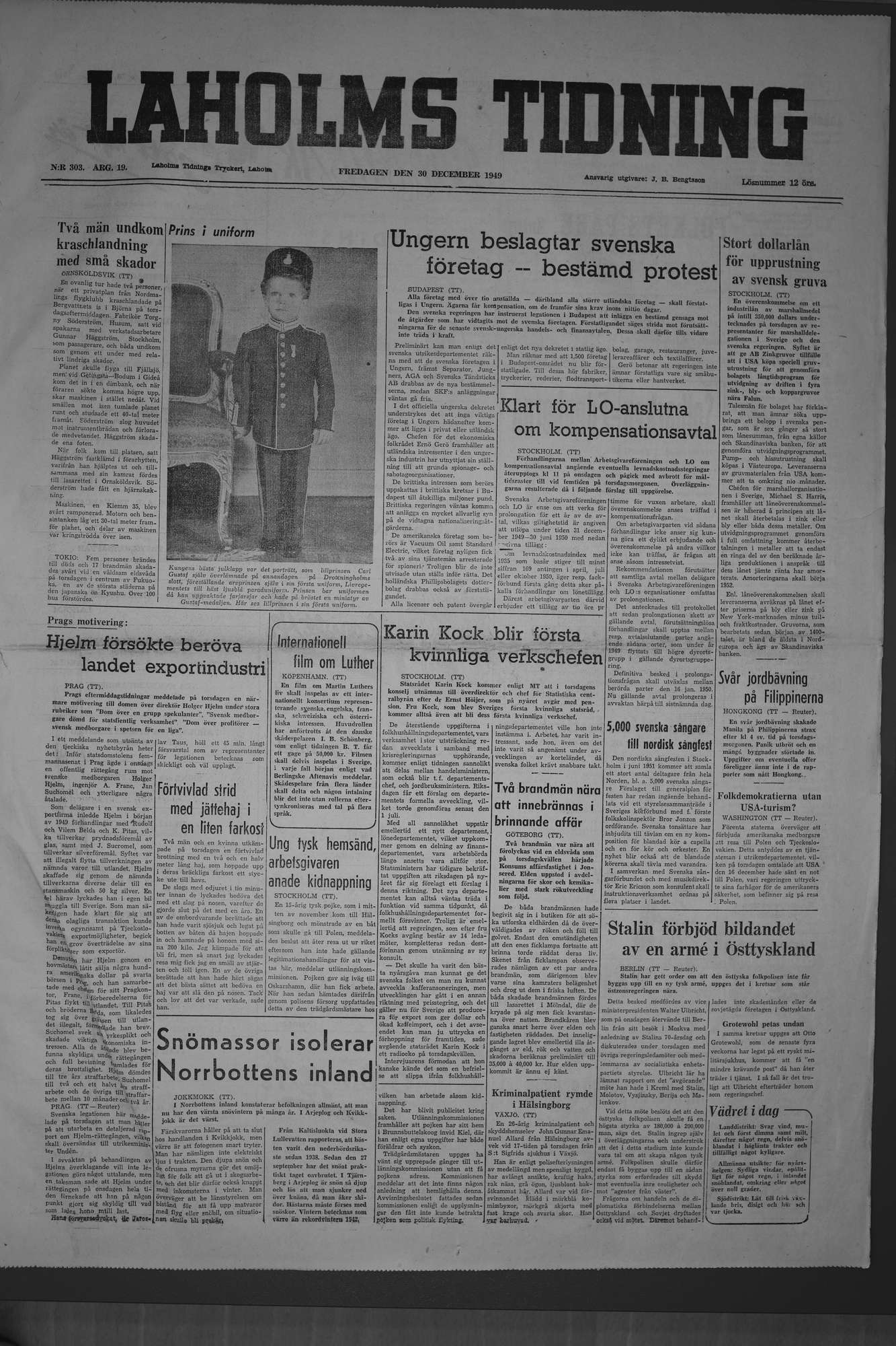 Laholms Tidning Fredag 30 december 1949, sida 1