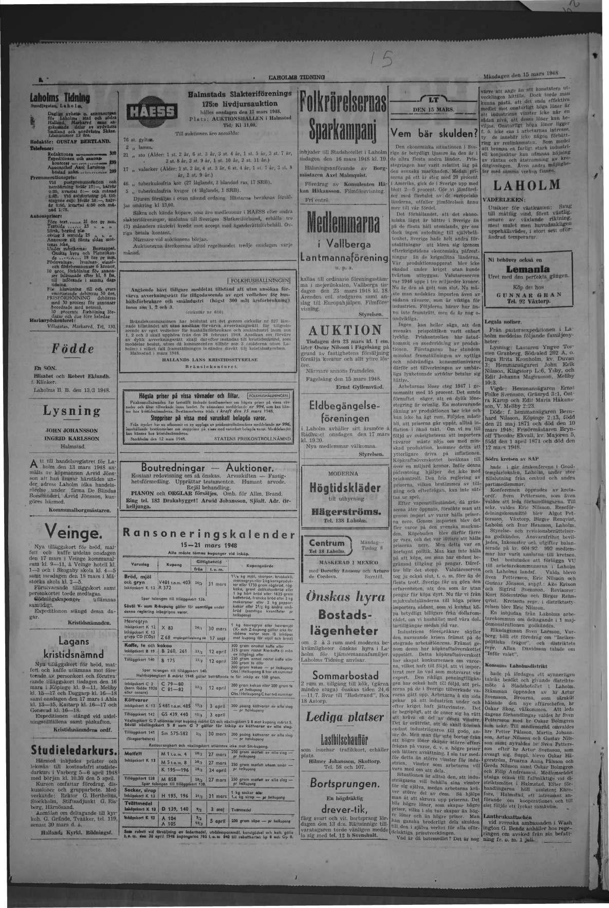 Laholms Tidning Måndag 15 mars 1948, sida 2