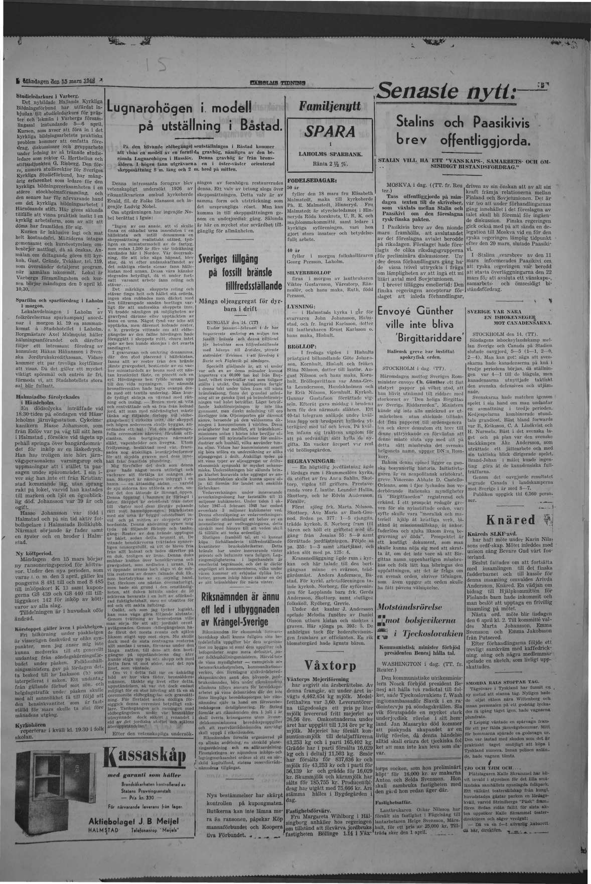 Laholms Tidning Måndag 15 mars 1948, sida 3