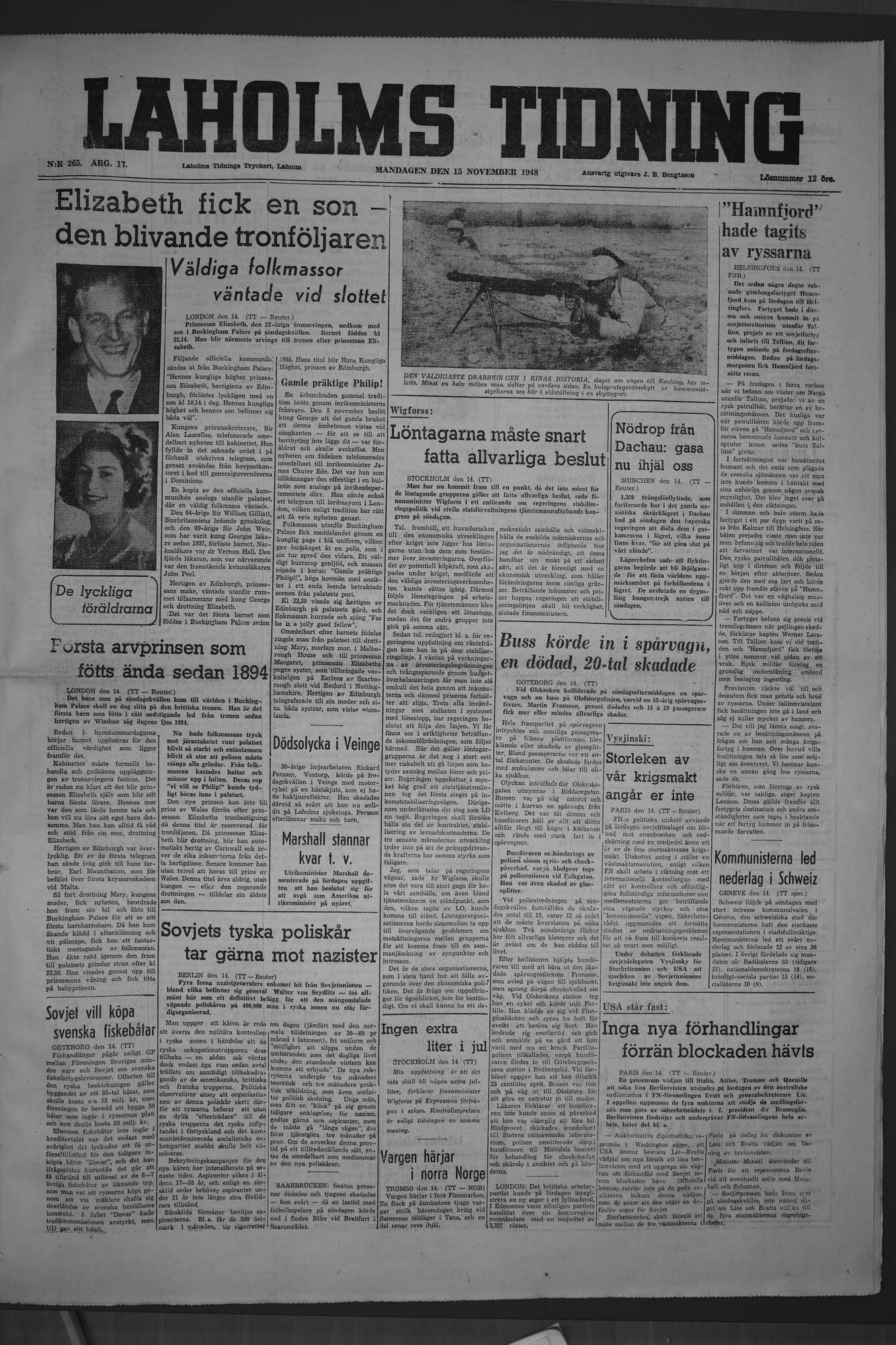 Laholms Tidning Måndag 15 november 1948, sida 1