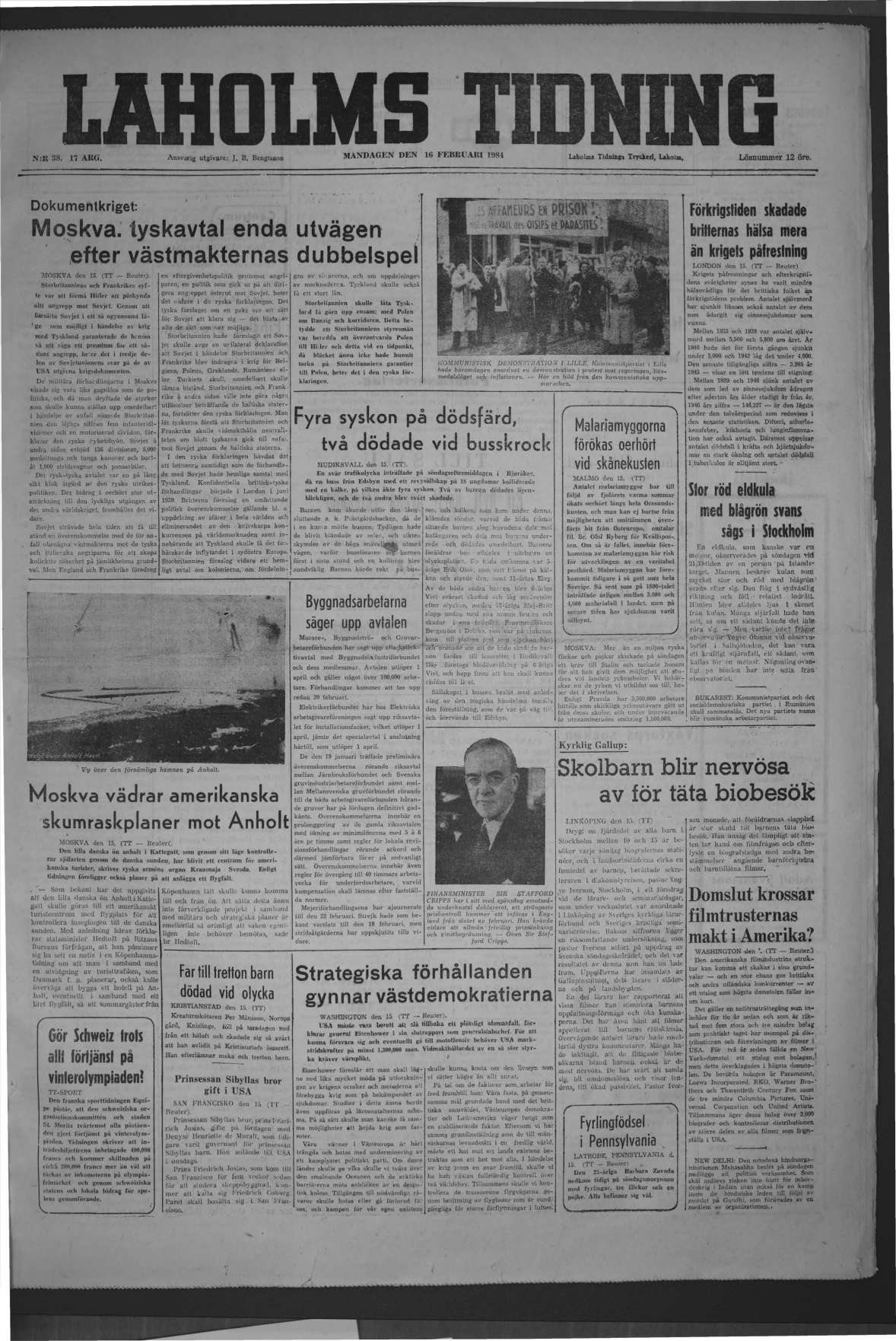 Laholms Tidning Måndag 16 februari 1948, sida 1