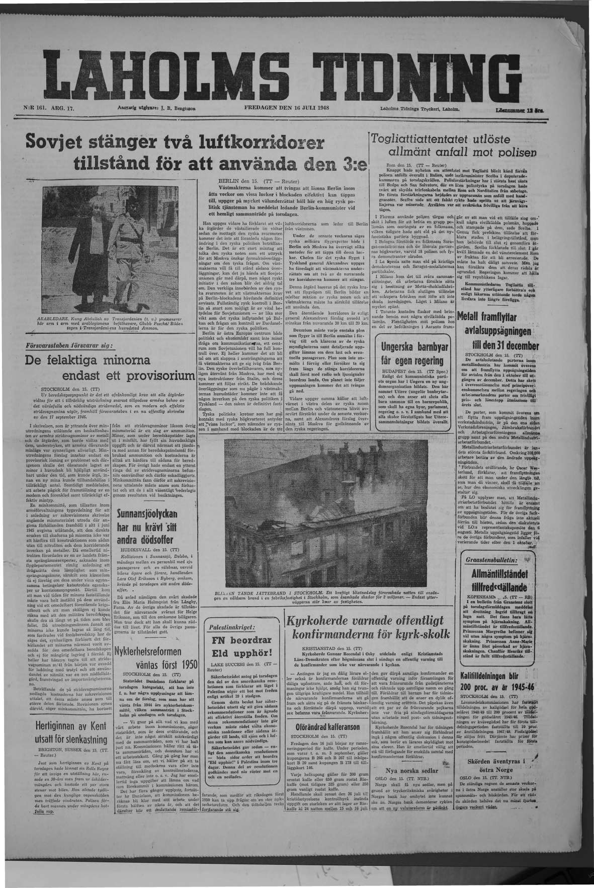Laholms Tidning Fredag 16 juli 1948, sida 1
