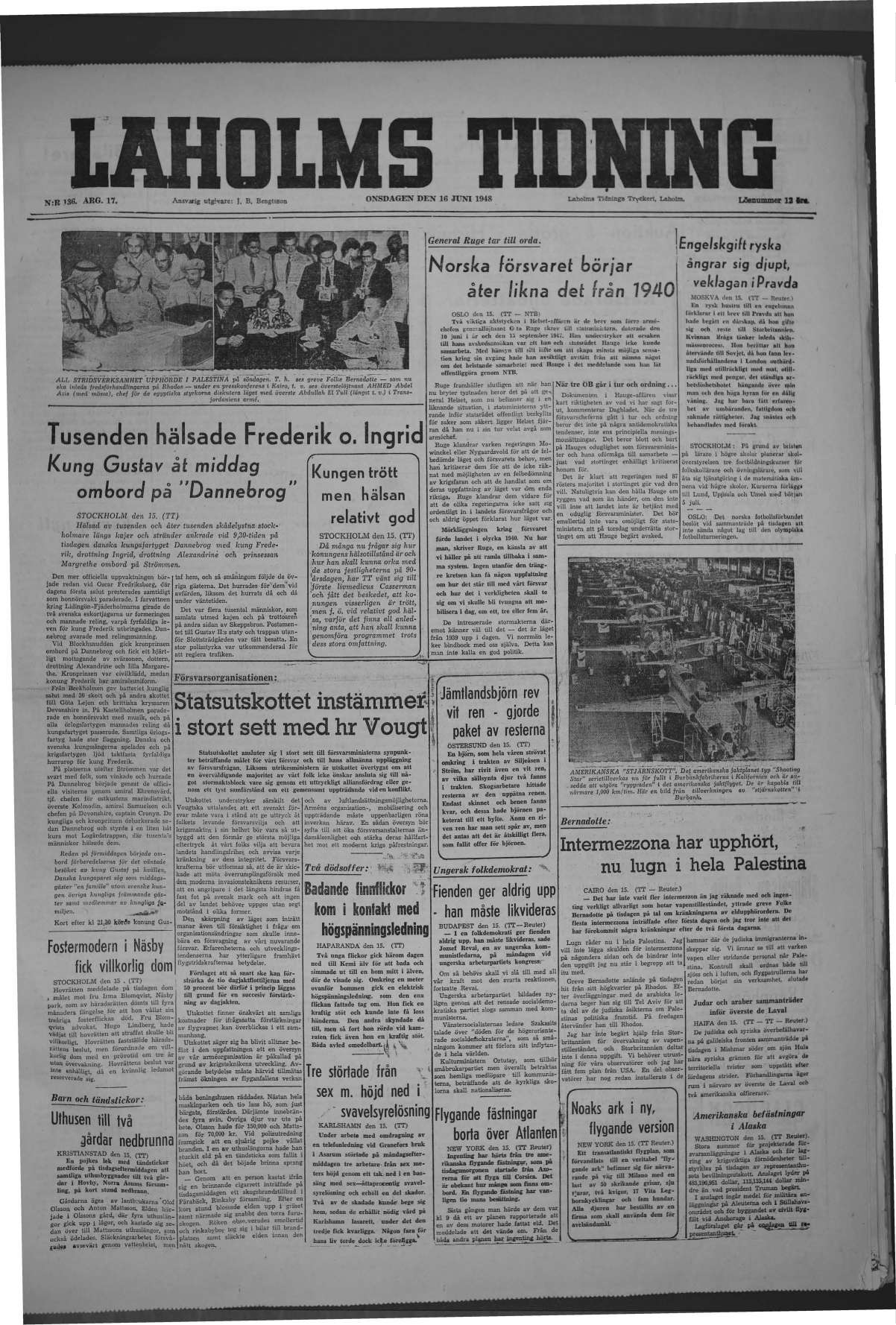 Laholms Tidning Onsdag 16 juni 1948, sida 1