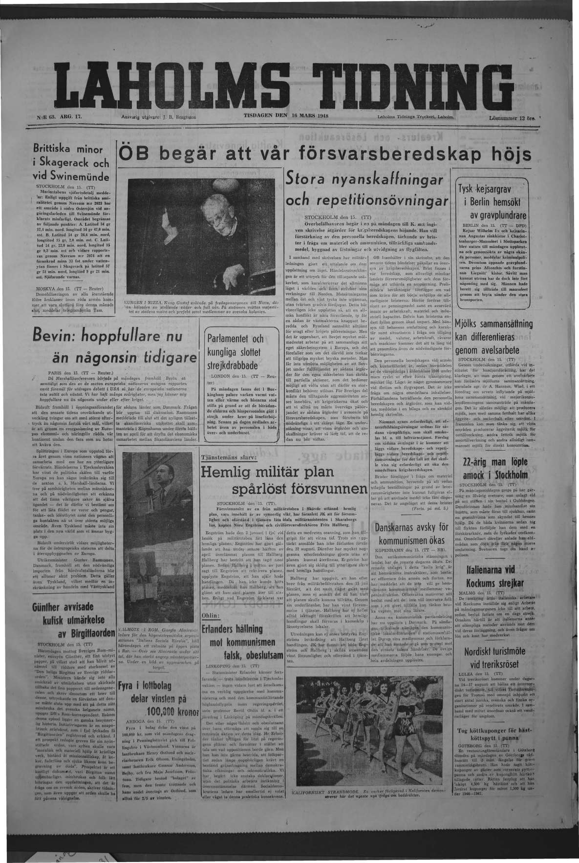 Laholms Tidning Tisdag 16 mars 1948, sida 1