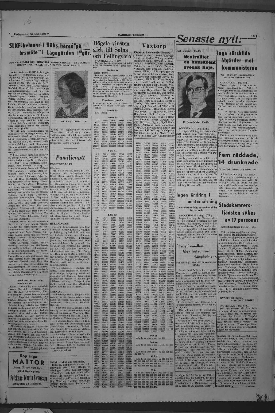 Laholms Tidning Tisdag 16 mars 1948, sida 3