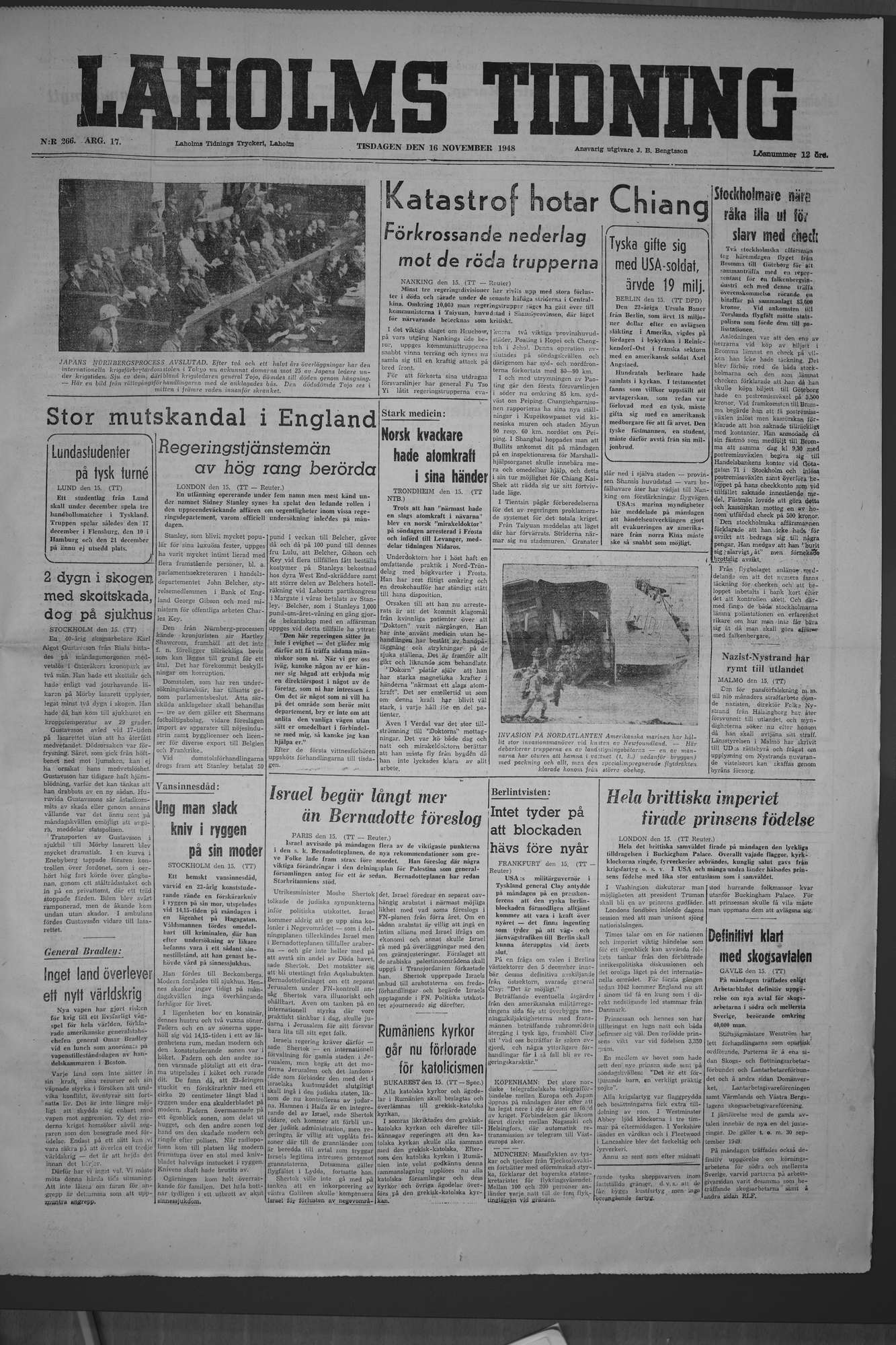 Laholms Tidning Tisdag 16 november 1948, sida 1