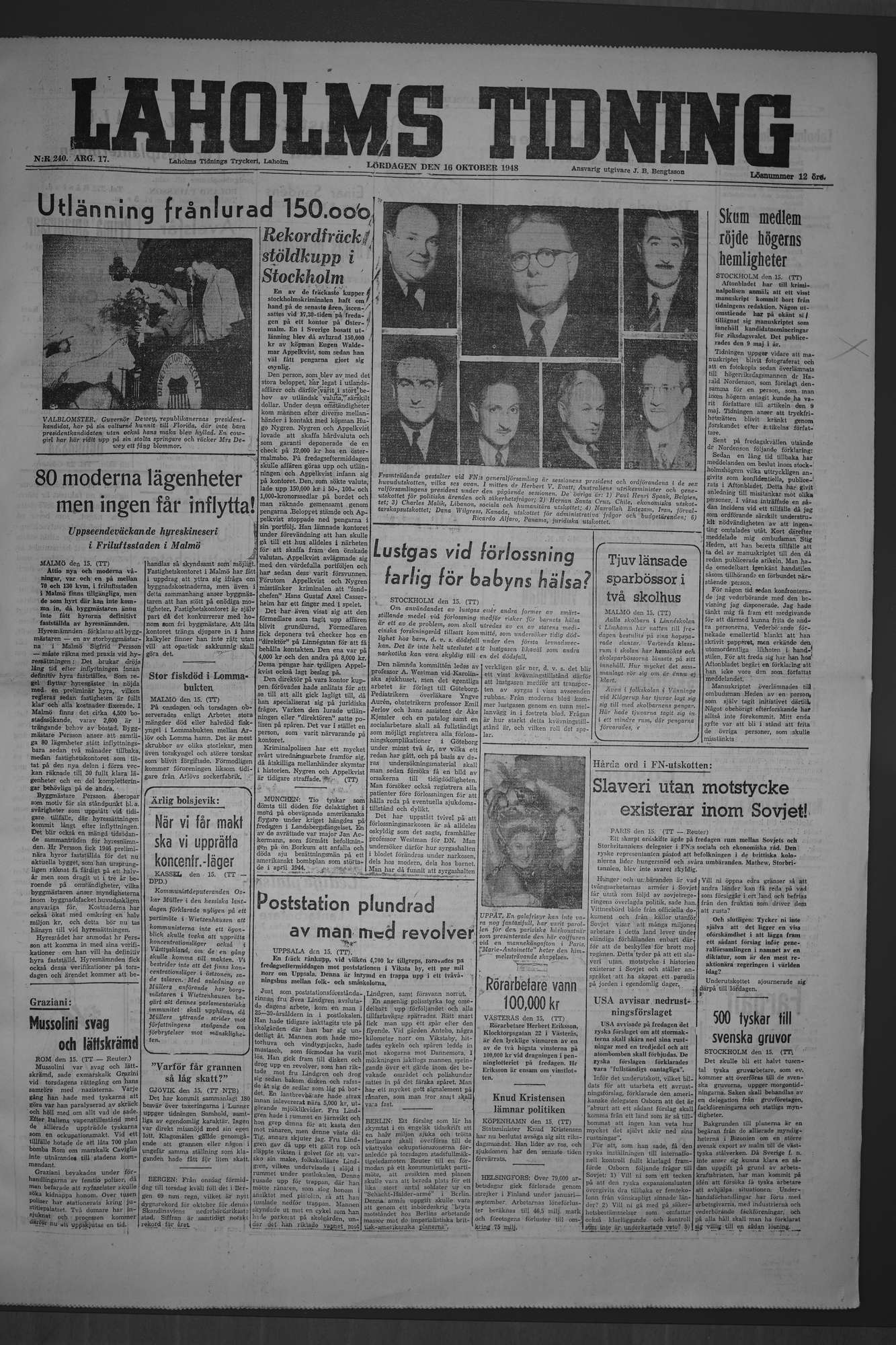 Laholms Tidning Lördag 16 oktober 1948, sida 1