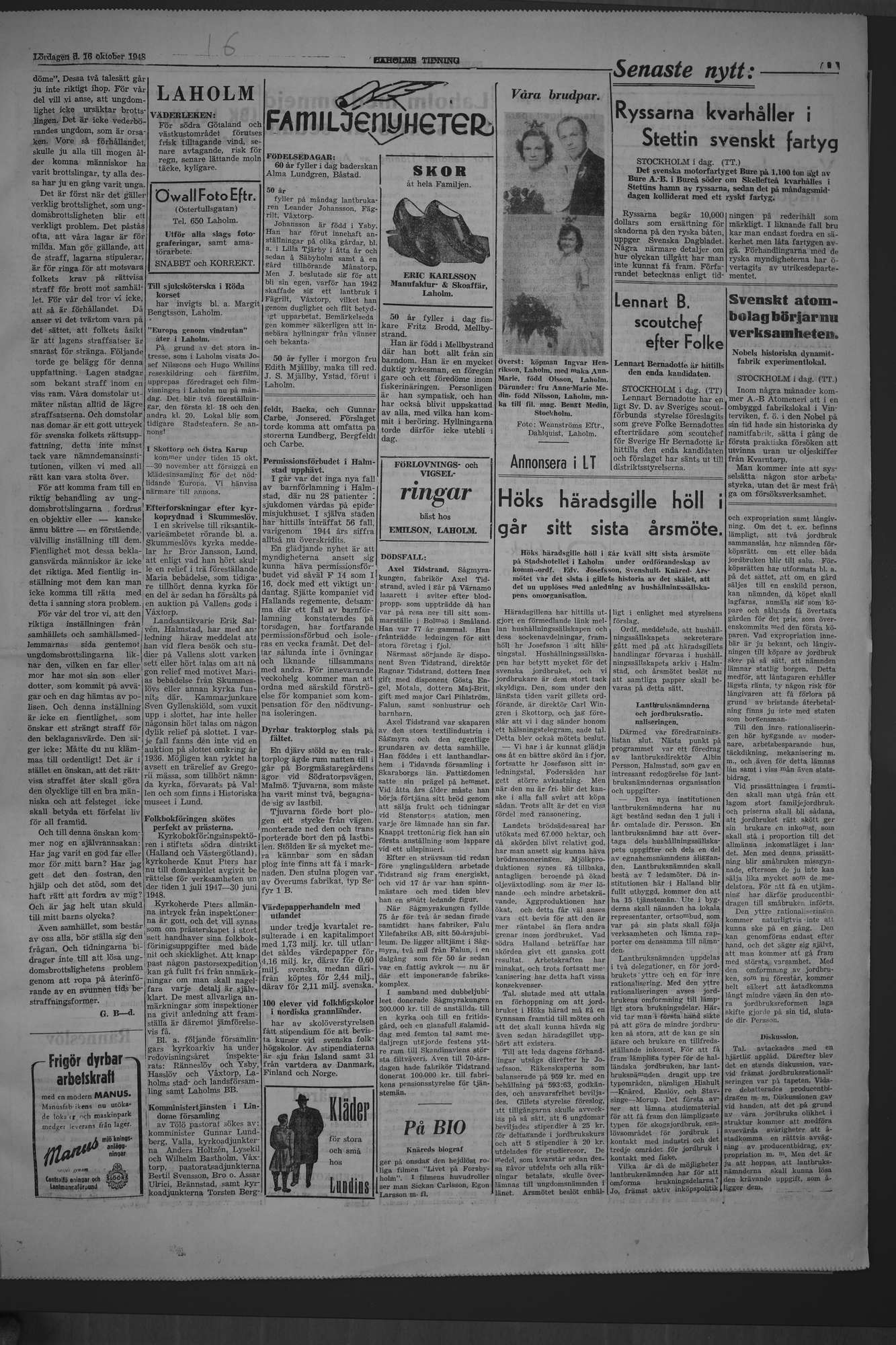 Laholms Tidning Lördag 16 oktober 1948, sida 3