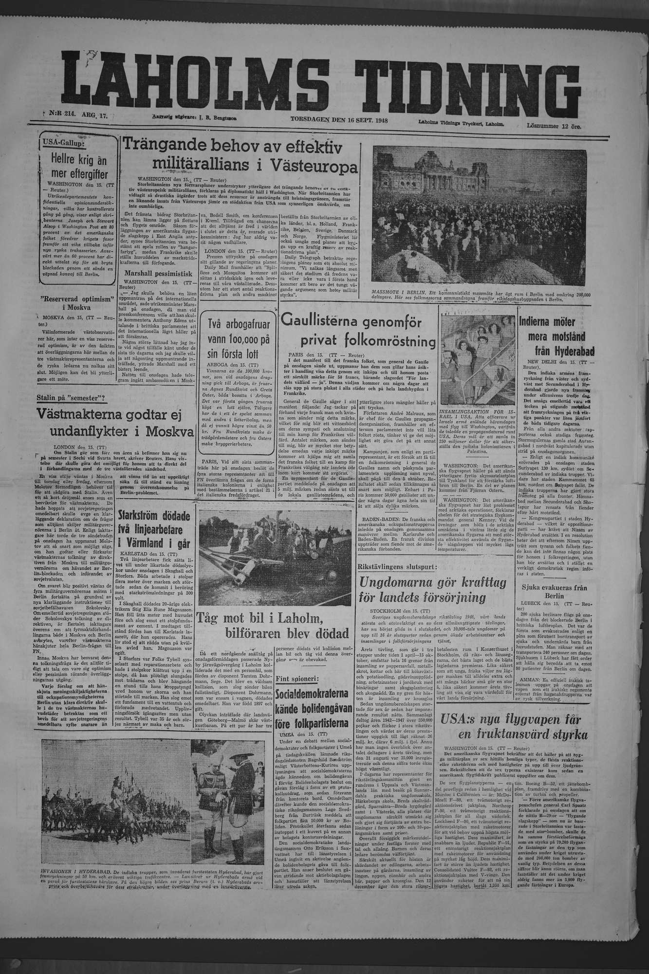 Laholms Tidning Torsdag 16 september 1948, sida 1