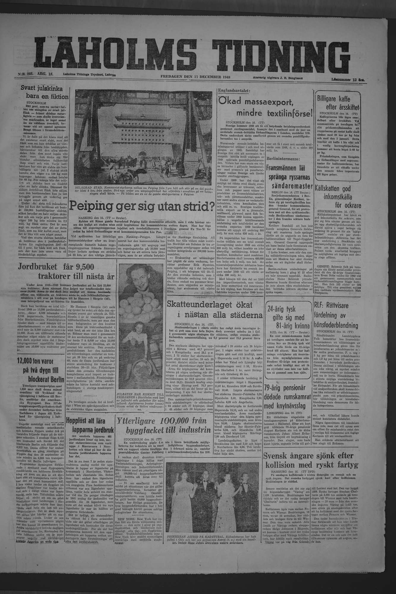 Laholms Tidning Fredag 17 december 1948, sida 1