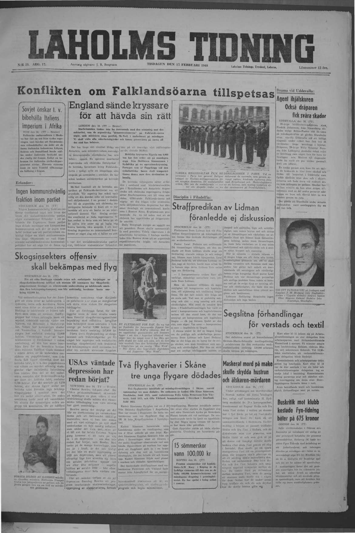 Laholms Tidning Tisdag 17 februari 1948, sida 1