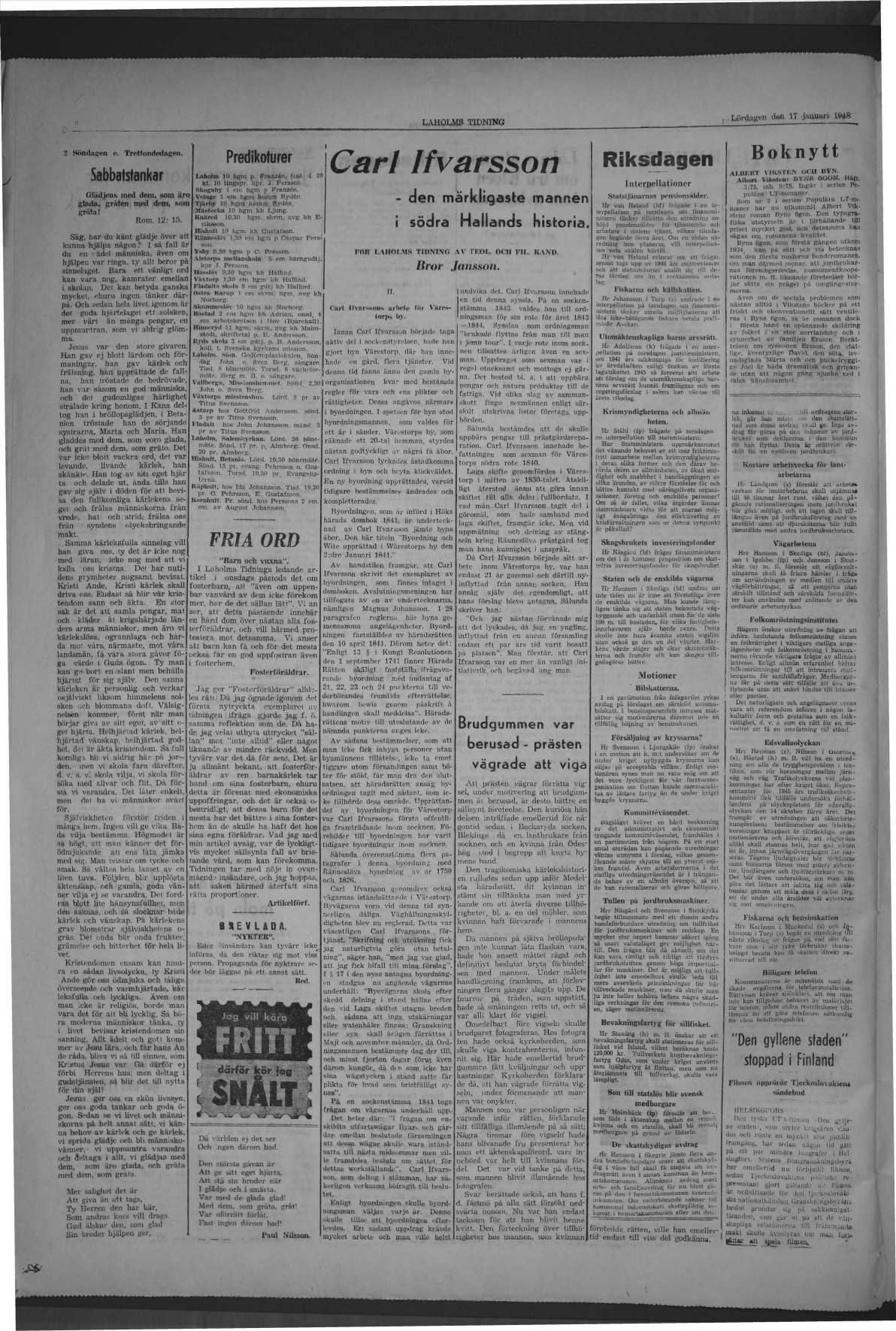 Laholms Tidning Lördag 17 januari 1948, sida 6