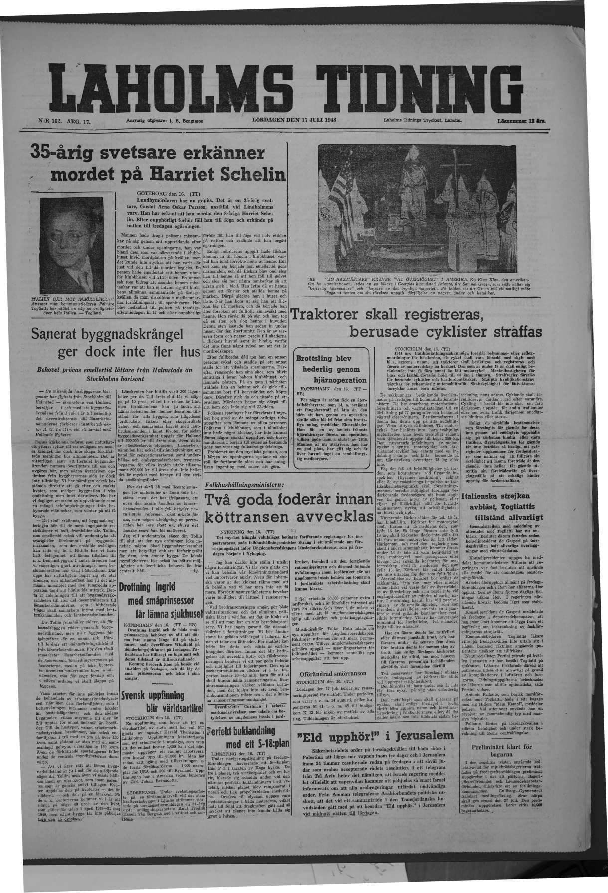 Laholms Tidning Lördag 17 juli 1948, sida 1