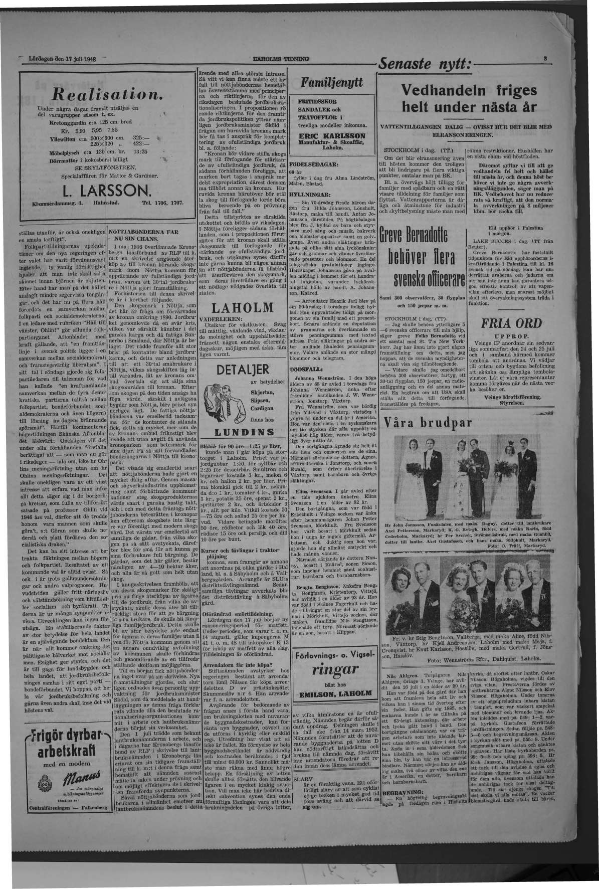 Laholms Tidning Lördag 17 juli 1948, sida 3