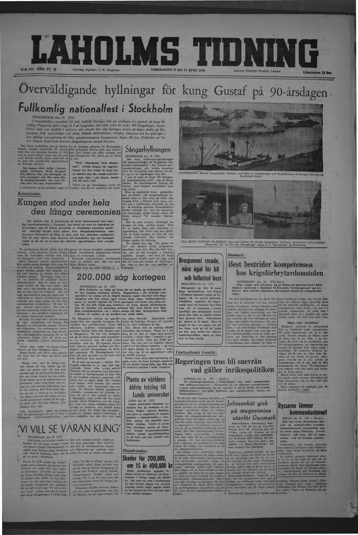 Laholms Tidning Torsdag 17 juni 1948, sida 1