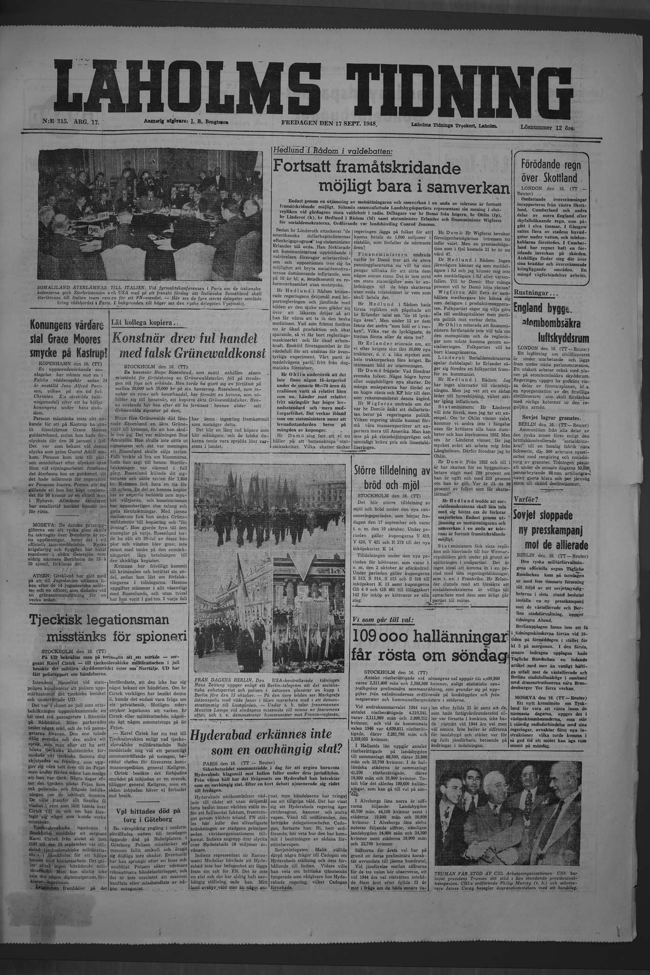 Laholms Tidning Fredag 17 september 1948, sida 1