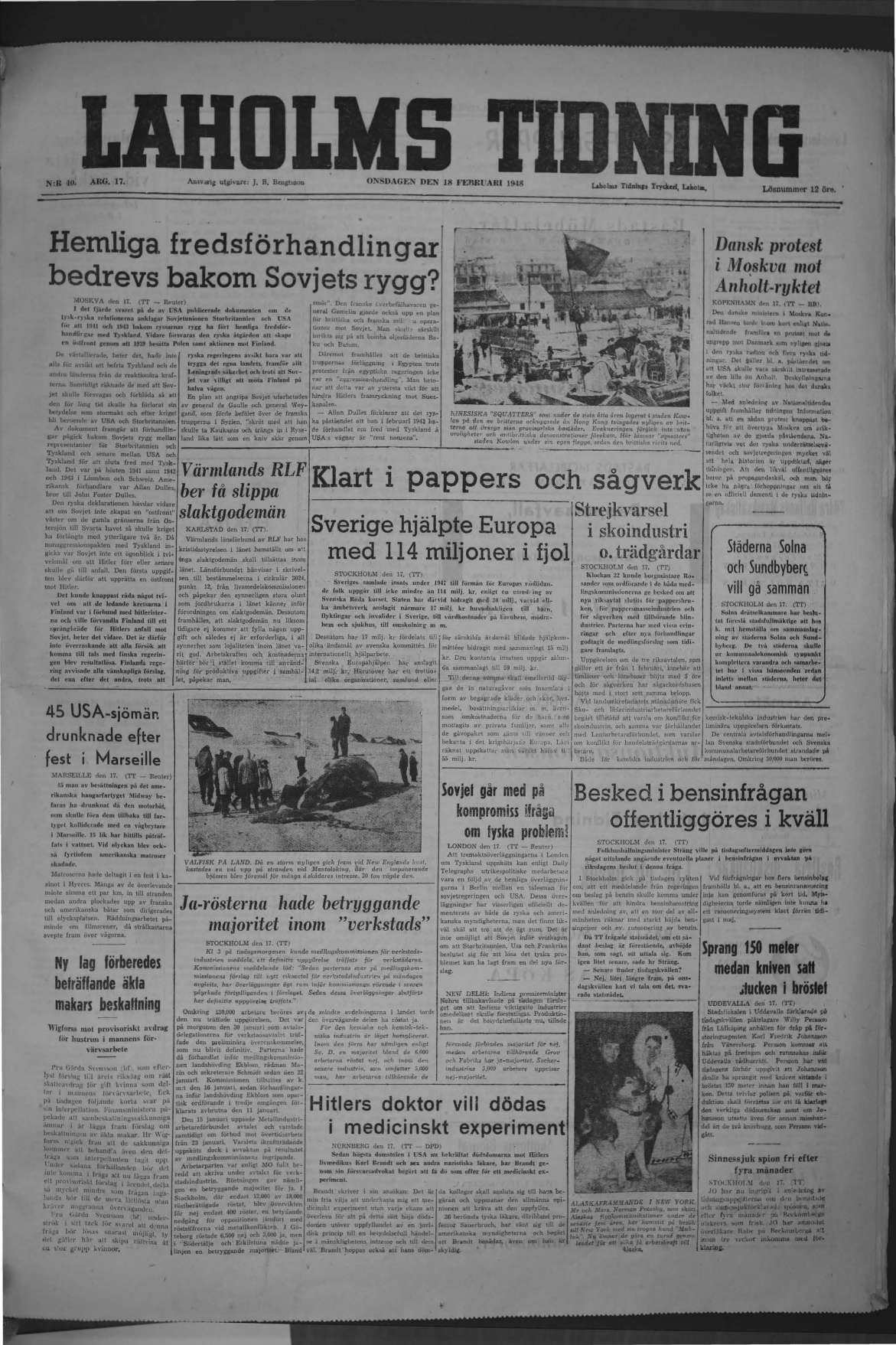 Laholms Tidning Onsdag 18 februari 1948, sida 1