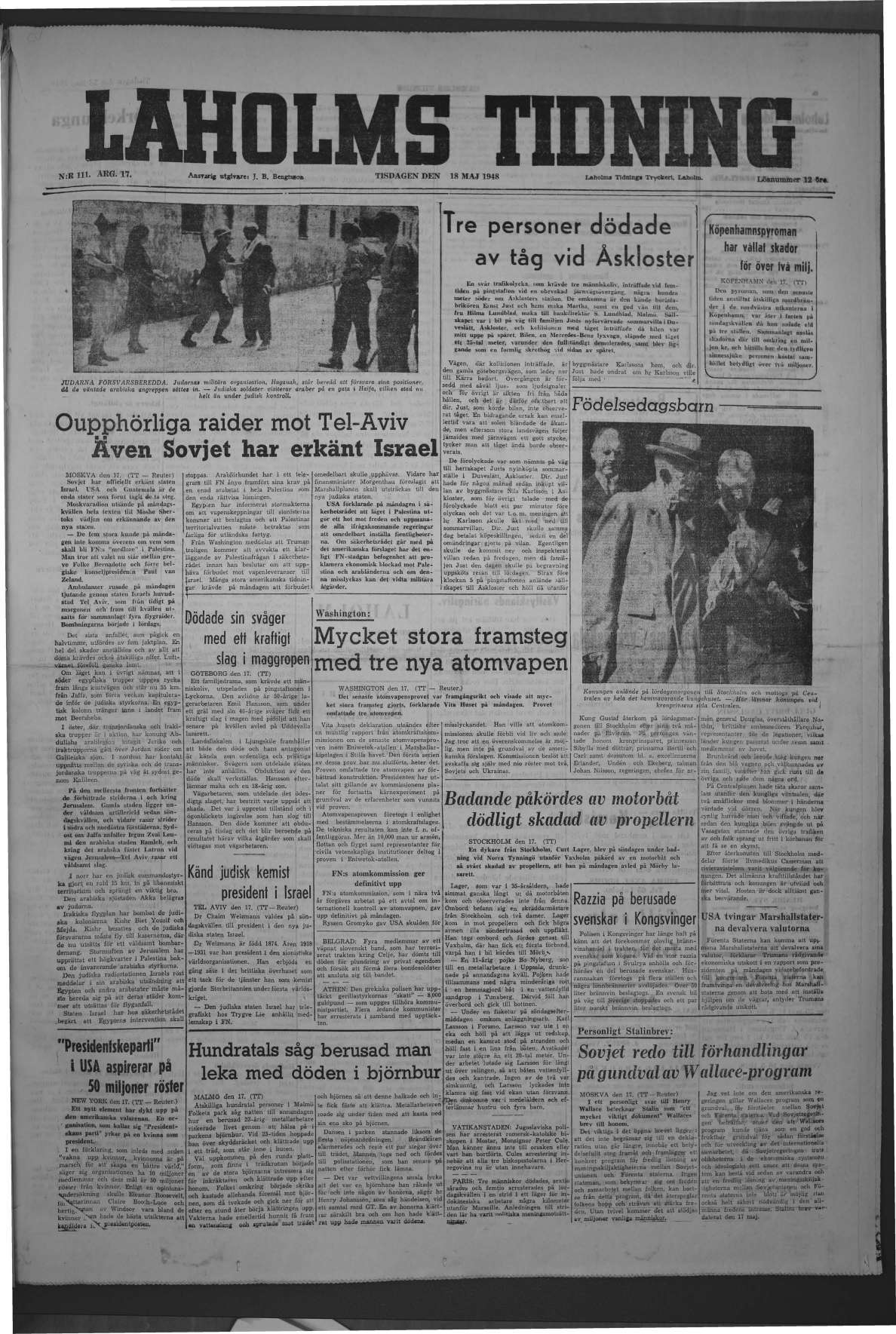Laholms Tidning Tisdag 18 maj 1948, sida 1