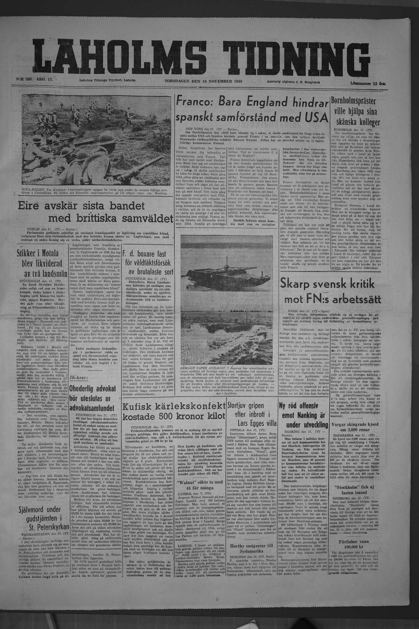 Laholms Tidning Torsdag 18 november 1948, sida 1