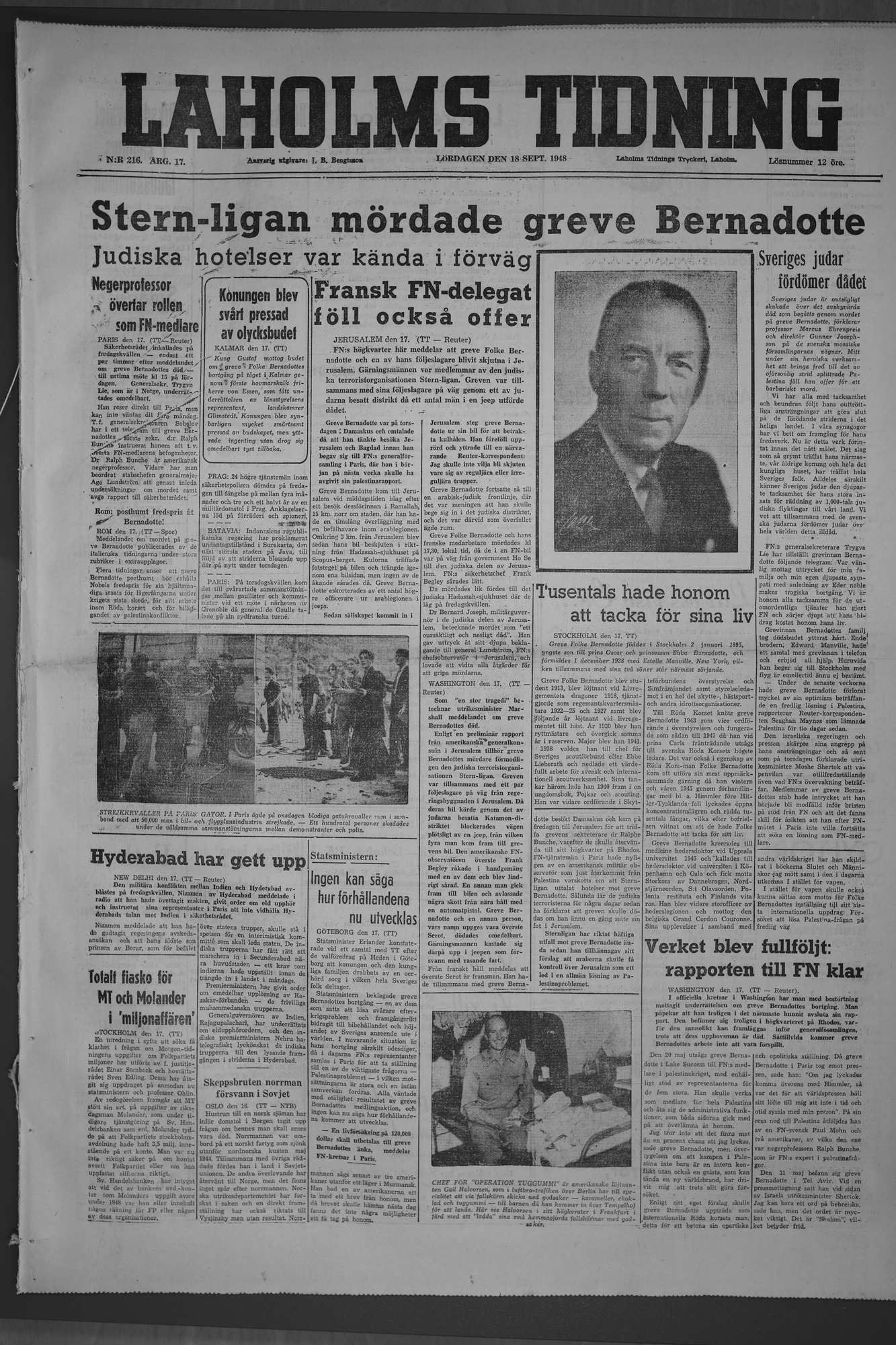 Laholms Tidning Lördag 18 september 1948, sida 1