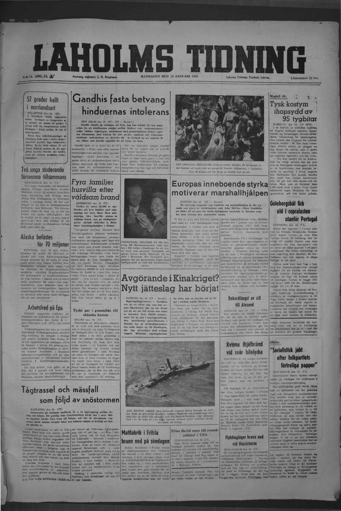 Laholms Tidning Måndag 19 januari 1948, sida 1