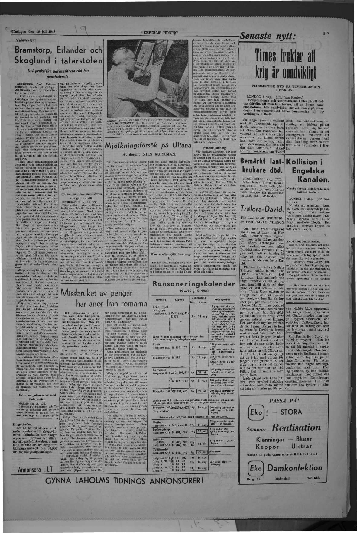 Laholms Tidning Måndag 19 juli 1948, sida 3