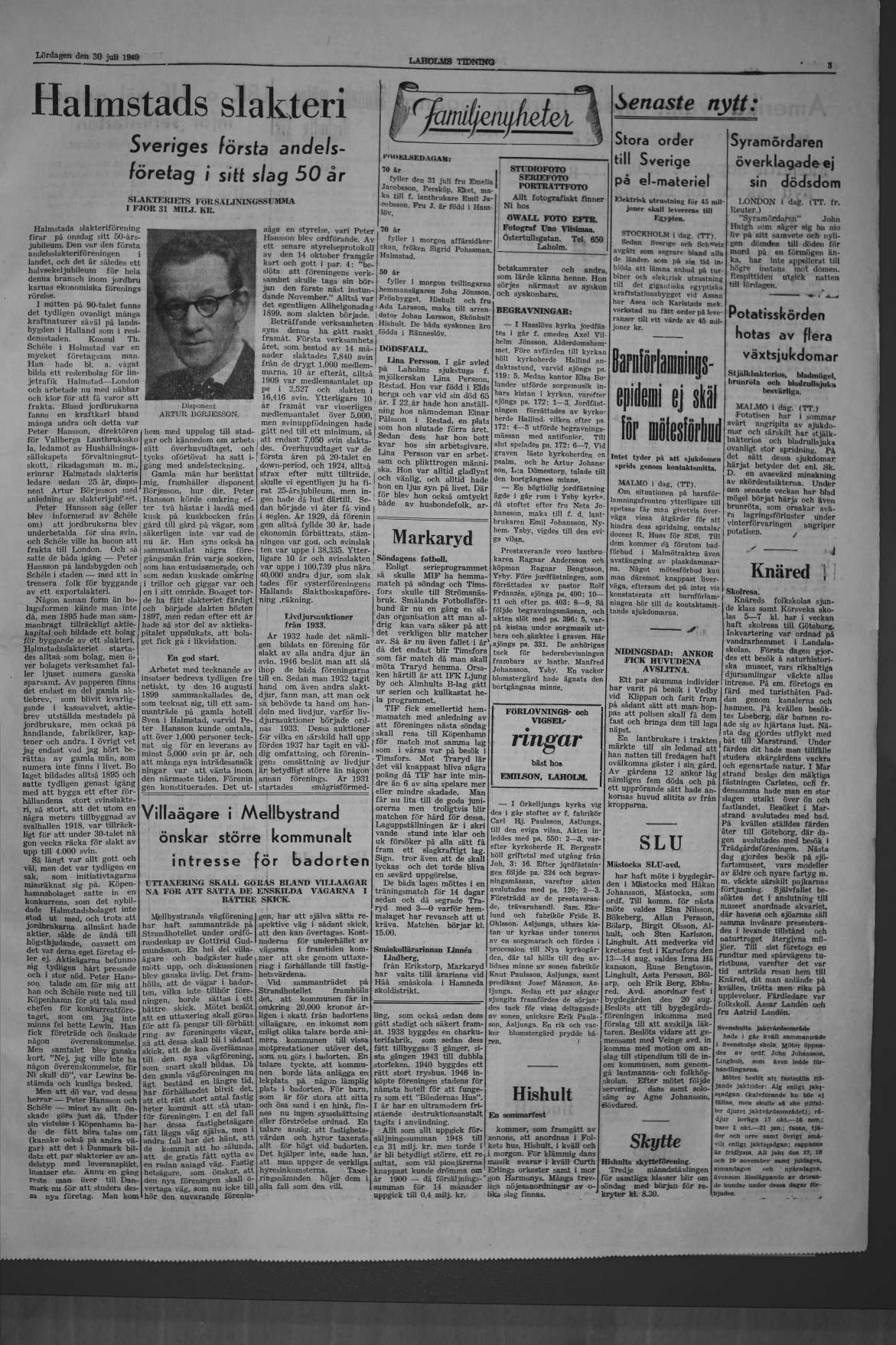 Laholms Tidning Lördag 30 juli 1949, sida 3