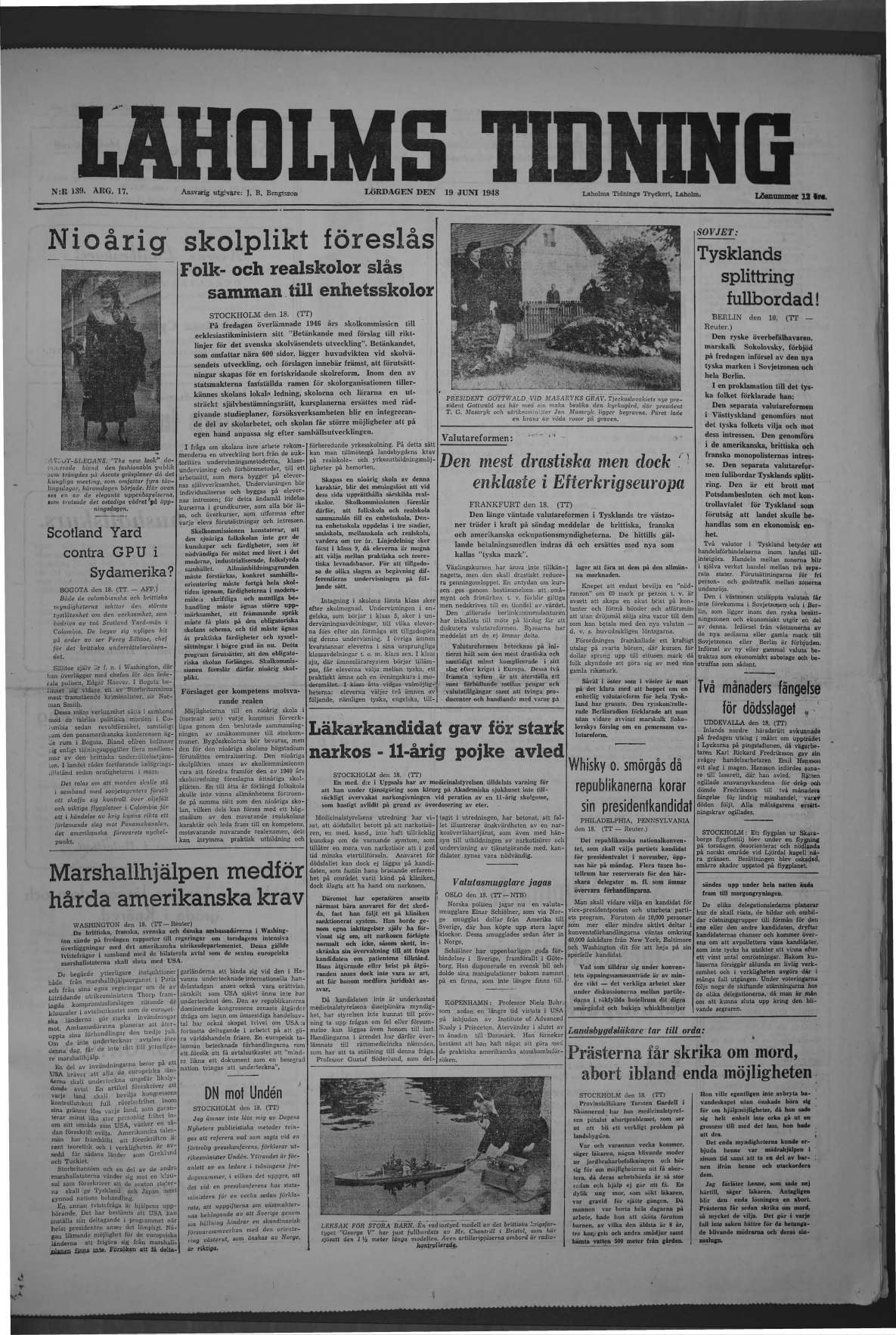 Laholms Tidning Lördag 19 juni 1948, sida 1