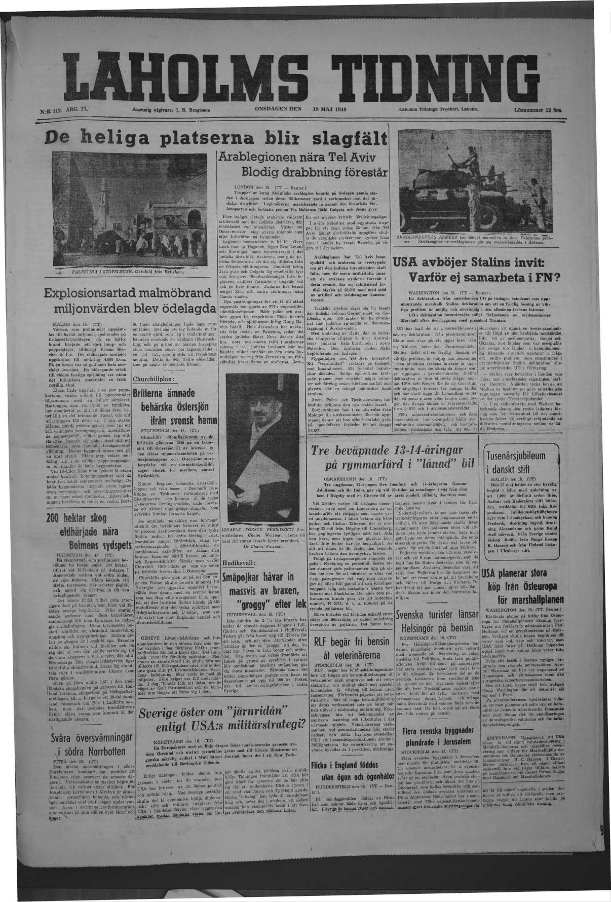 Laholms Tidning Onsdag 19 maj 1948, sida 1