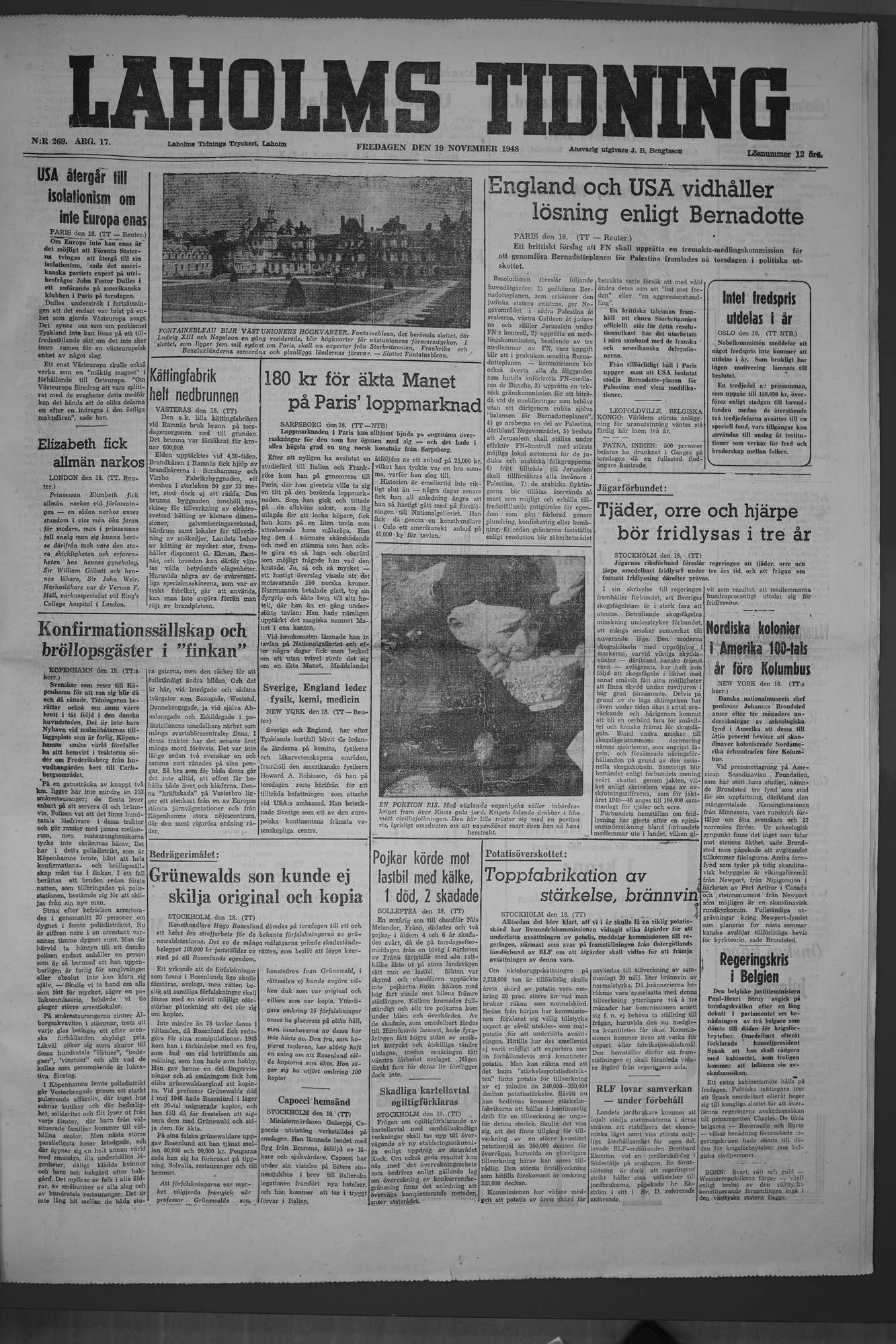 Laholms Tidning Fredag 19 november 1948, sida 1