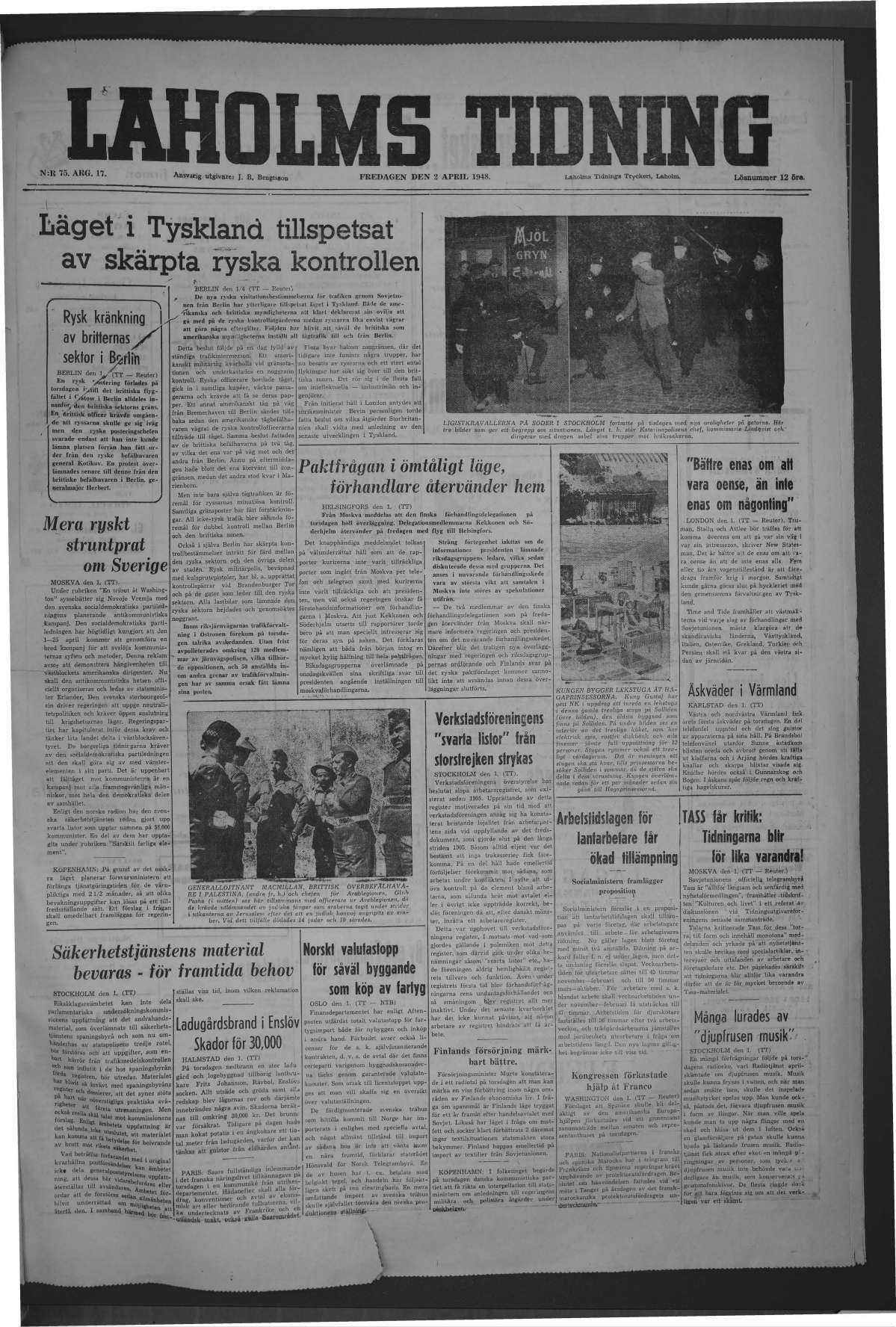 Laholms Tidning Fredag 2 april 1948, sida 1