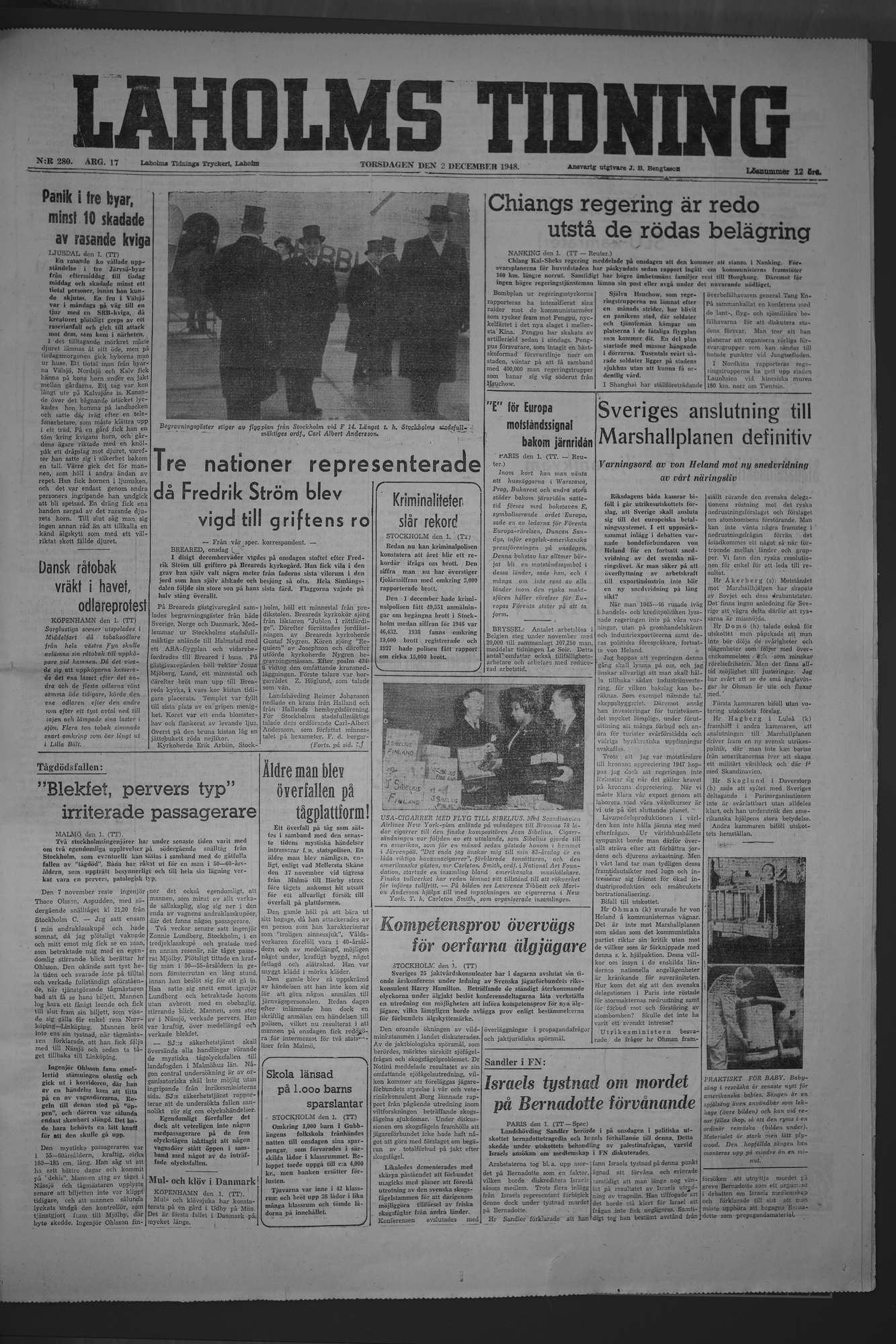 Laholms Tidning Torsdag 2 december 1948, sida 1