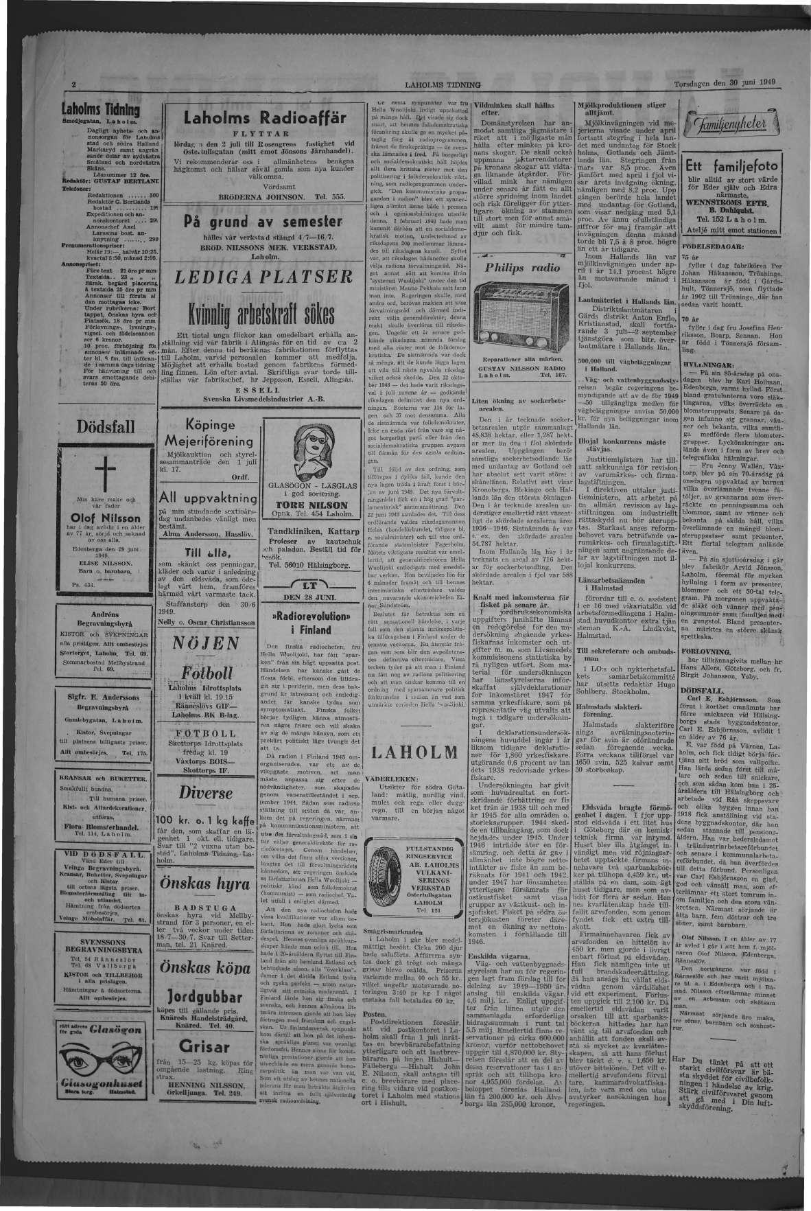 Laholms Tidning Torsdag 30 juni 1949, sida 2