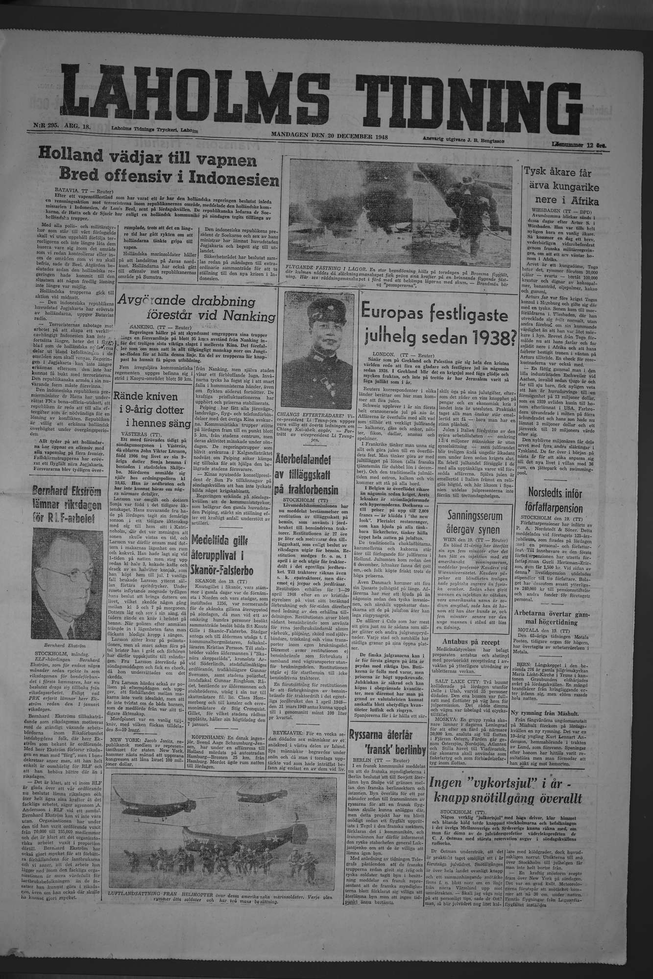 Laholms Tidning Måndag 20 december 1948, sida 1